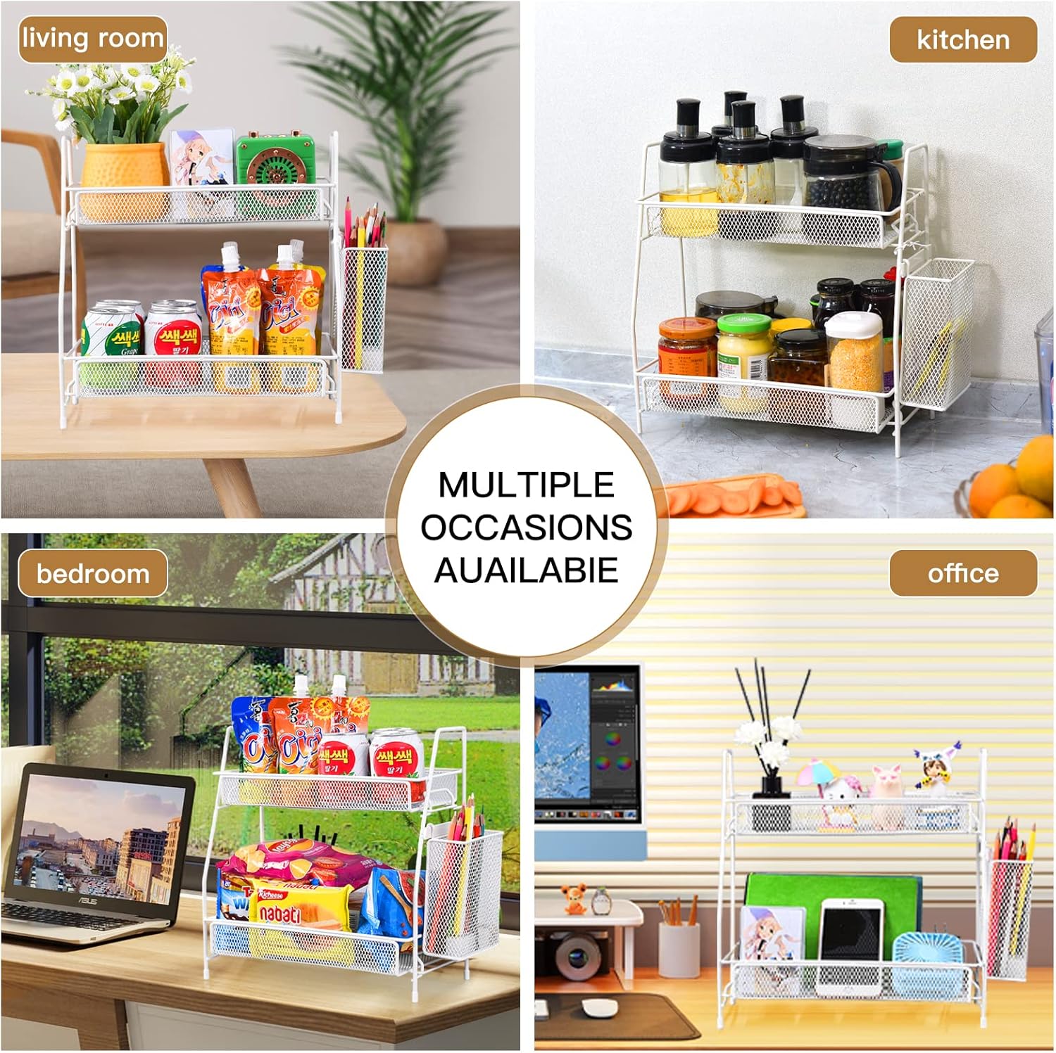 LEMIKKLE Countertop organizer for bathroom counter, bathroom organizers and storage, spice rack organizer for kitchen counter shelf with small basket(White)
