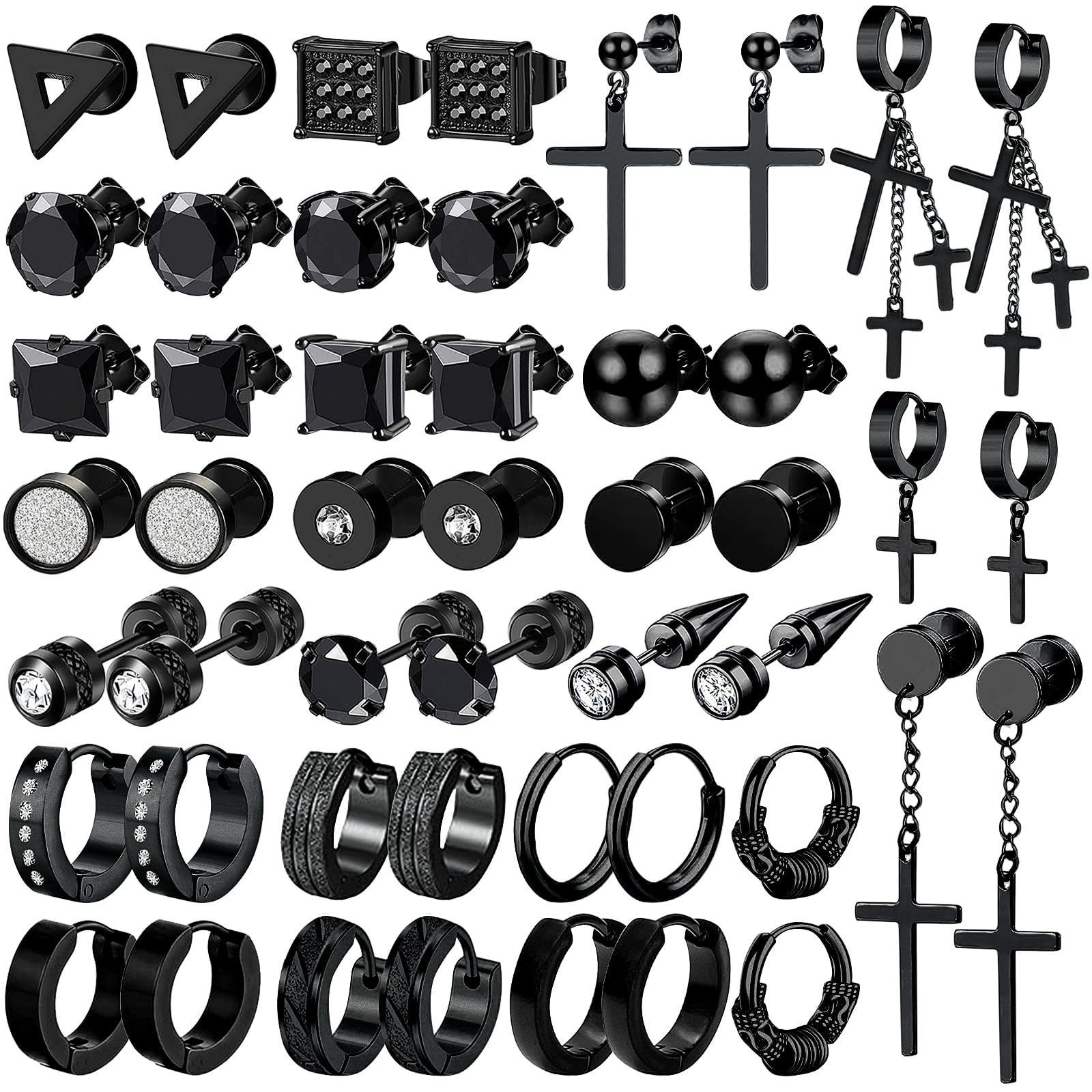 NEWITIN 24 Pairs Stainless Steel Earrings for Men Hypoallergenic Inlaid Cubic Zirconia Studs Hoop Earring Cross Dangle Earrings Unisex Punk Stud