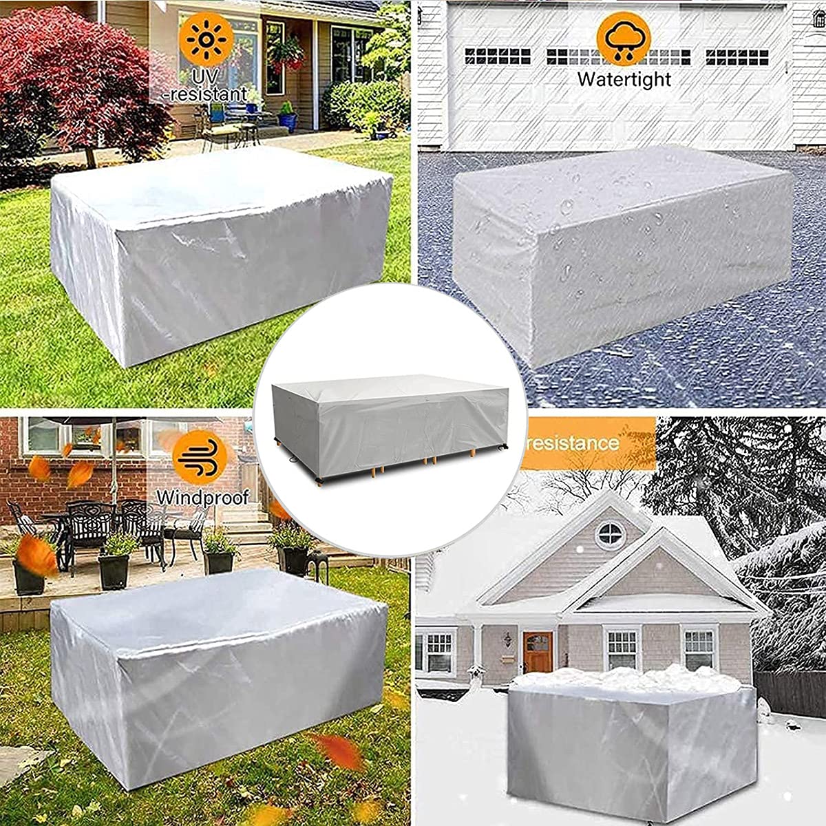 Funda Mesa Jardin Impermeable Varios tamaños 420D Oxford Rectangular Cubre Mueble Jardin Funda Impermeable Anti-UV Resitente al Polvo para Muebles de Exterior sillas mesas Plata 220x90x80cm
