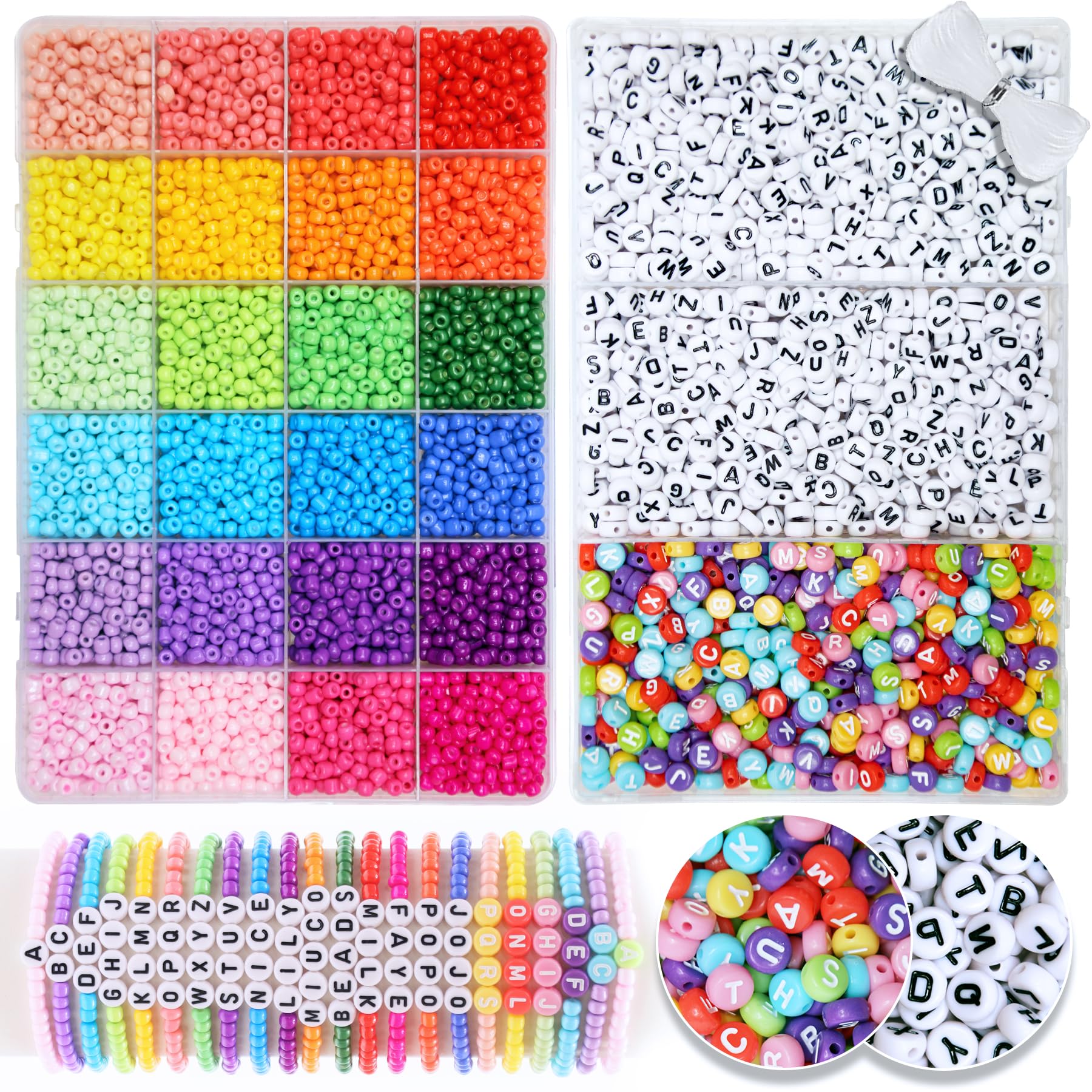 MiuCo Perlenset für Armbänder Selber Machen, Bunte Glasperlen zum Auffädeln und 4x7mm Buchstabenperlen mit Gummiband für Freundschaftsarmbänder Schmuckherstellung-set