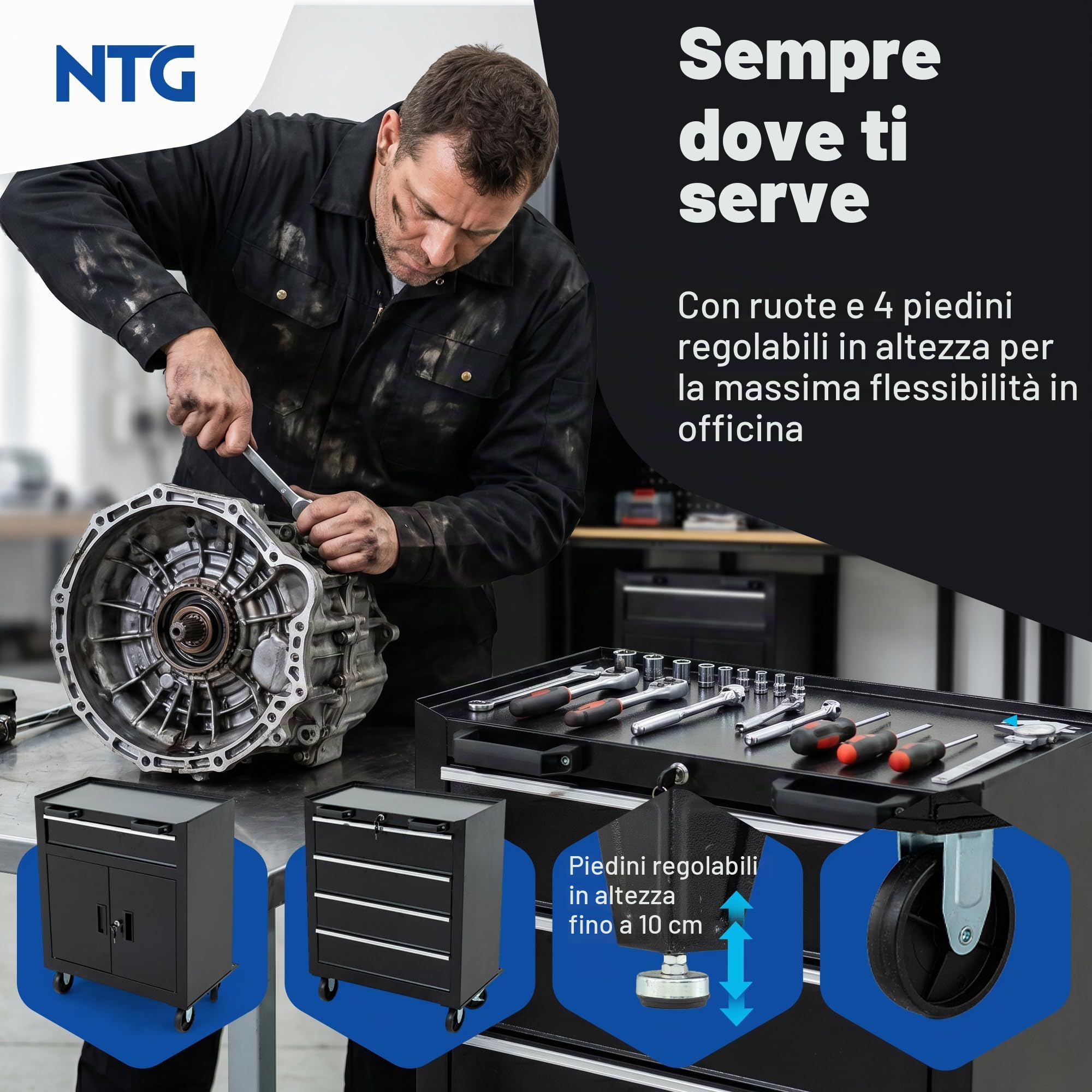 Set completo NTG XL per parete da officina 210 cm – Banco da lavoro con elementi a carrello e parete forata – Arredamento modulare per officina con armadietti portautensili