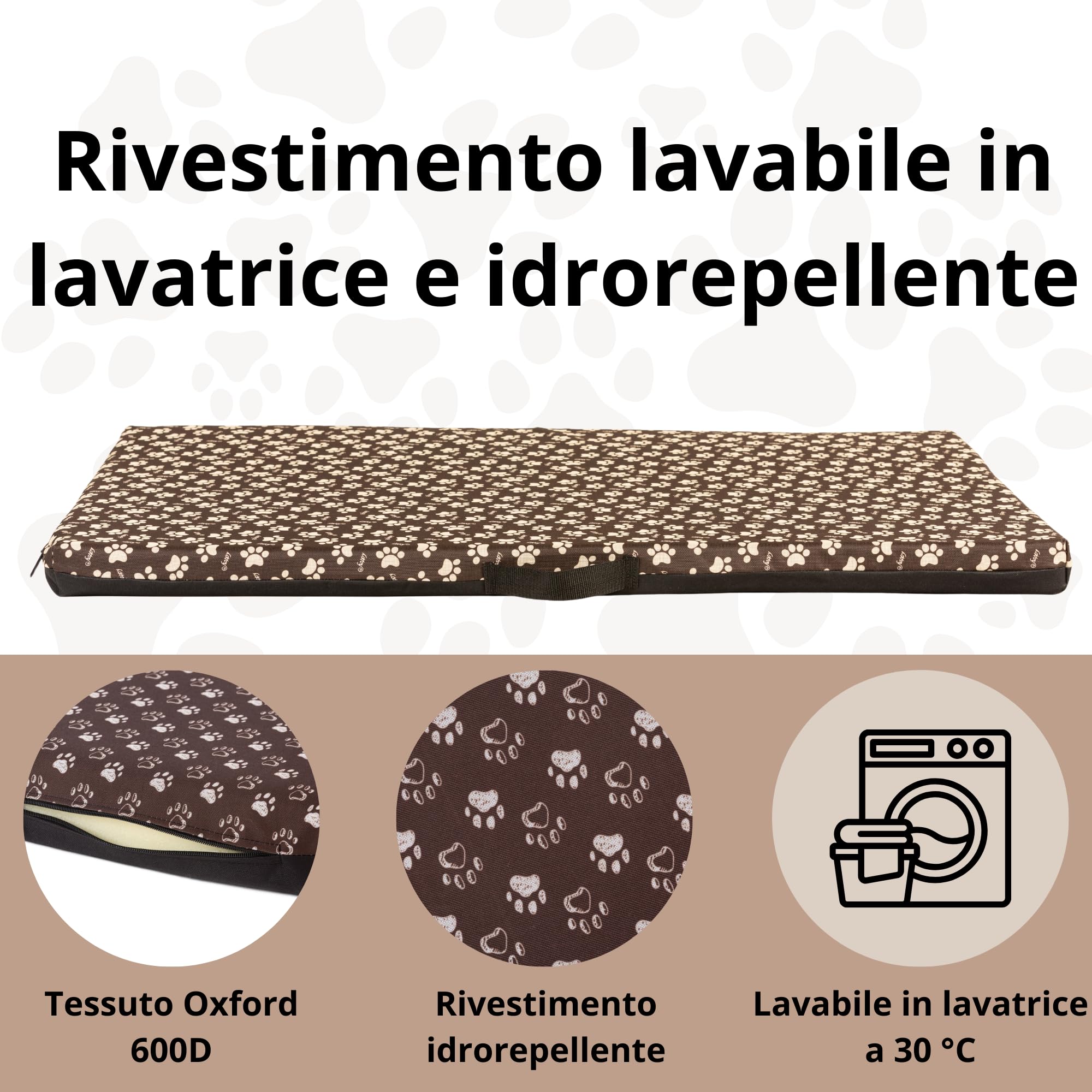 COOL PET Materassino per cani, spessore 5 cm, in schiuma fredda ortopedica (Memory Foam), tessuto Oxford 600D, con rivestimento in PVC, dimensioni 4XL-120 x 80 cm, marrone con zampe