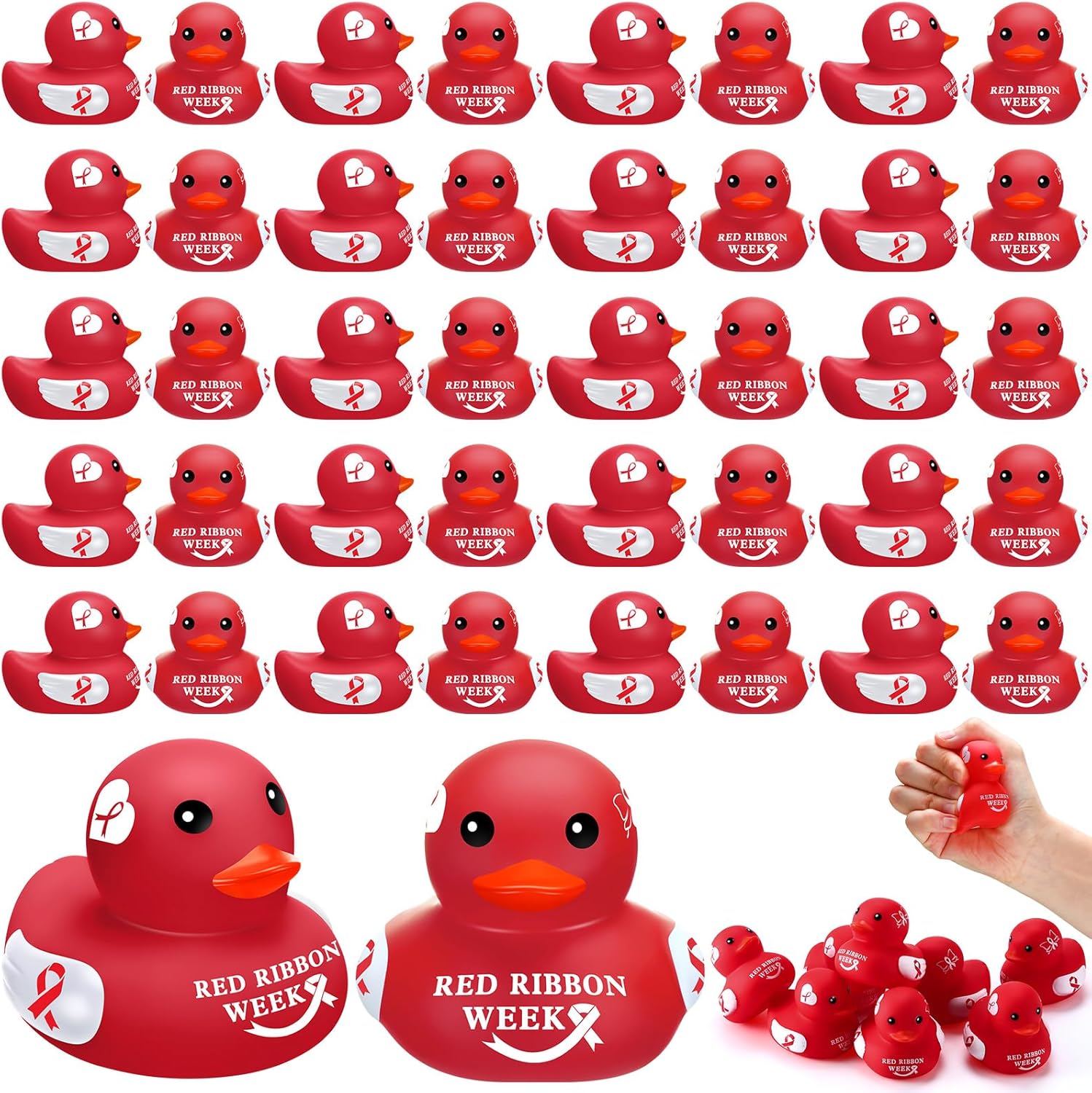 24 Pcs Red Ribbon Week Gifts Rubber Duck Red Ribbon Week Items with Duck Bulk Gifts for Friend Family Coworkers Fundraiser and Toys Stop The Stigma