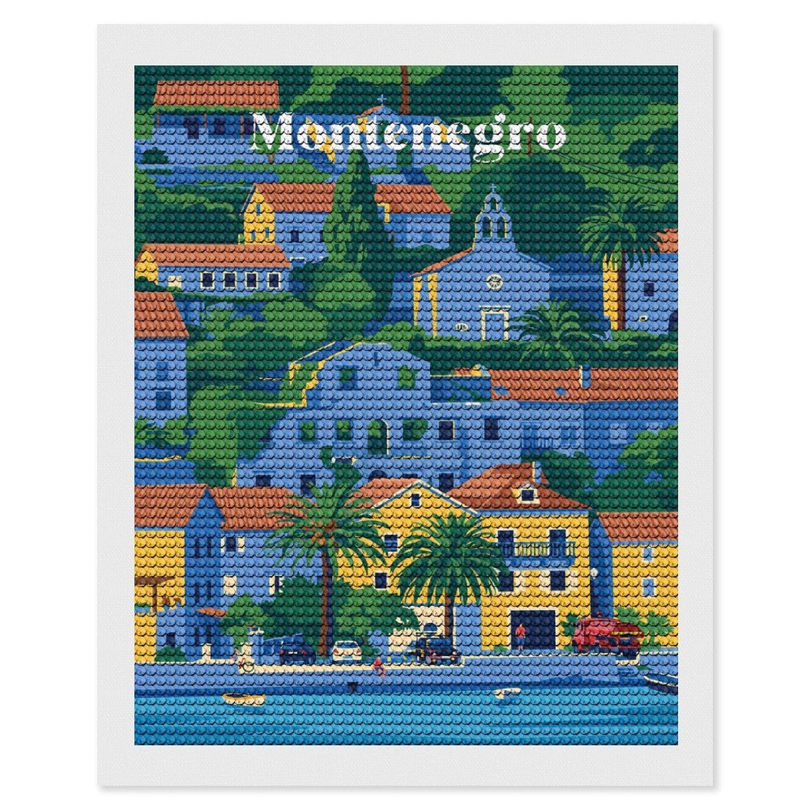 Junmoney Montenegro Coastal Town DIY Diamond Art Canvas Kit 16"x20", Farmhouse Decor, Vintage Style Decor, Handmade Wall Decor, Canvas Picture