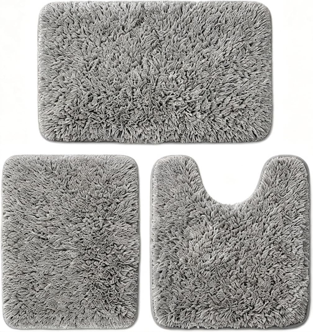Britimes Badezimmerteppich, flauschig, Mikrofaser, rutschfest, mit U-förmiger Kontur, WC-Vorleger, wasserweich, saugfähig, waschbar, für Badewanne, Dusche, Waschküche, Grau, 3 Stück