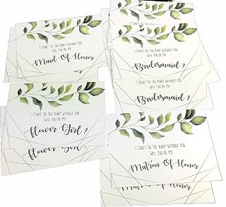 Will You Be My Bridesmaid 16 Cards with Envelopes, Green Greenery Style for 10 Bridesmaids, 2 Matron of Honor, 2 Maid of Honor & 2 Flower Girls Card from Bride to Help Tie The Knot. (Green Leaves)