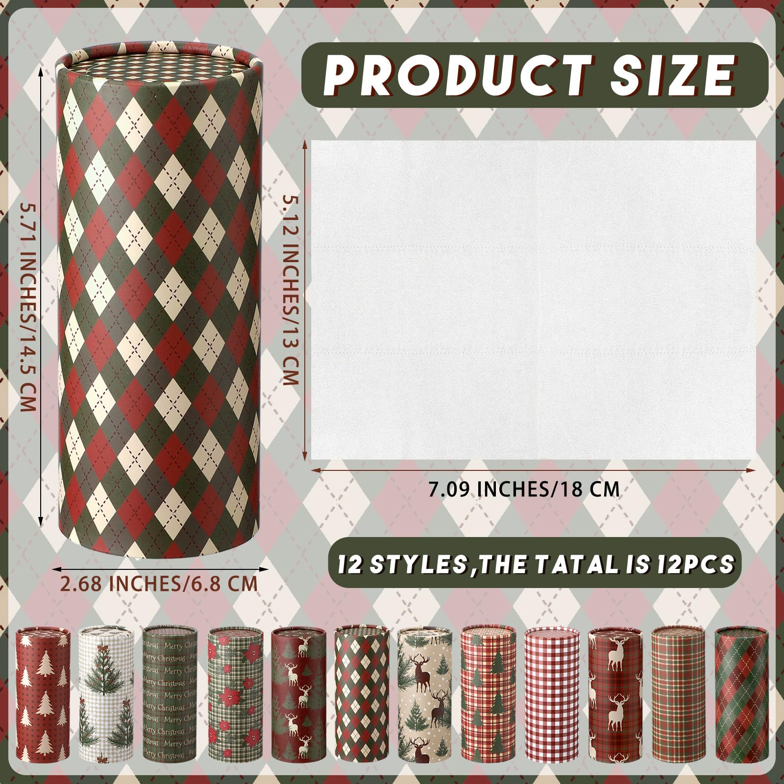 Layhit 12 Pcs Christmas Car Tissues Box Round Tube Tissues Box with Facial Tissue Car Tissue Holder Xmas Travel Cylinder Tissue Holder for Car Cup Holder Party, 12 Design(Buffalo Plaid Reindeer)