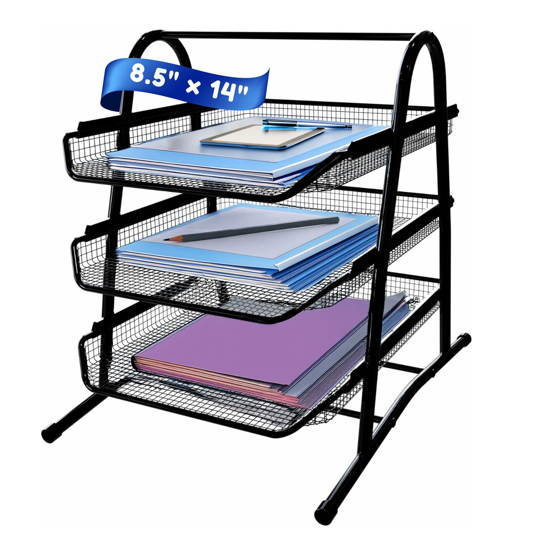 Performore 3-Tier Stackable Paper Tray Organizer for Desk - Black Metal File Rack for Legal-Size Paper (14