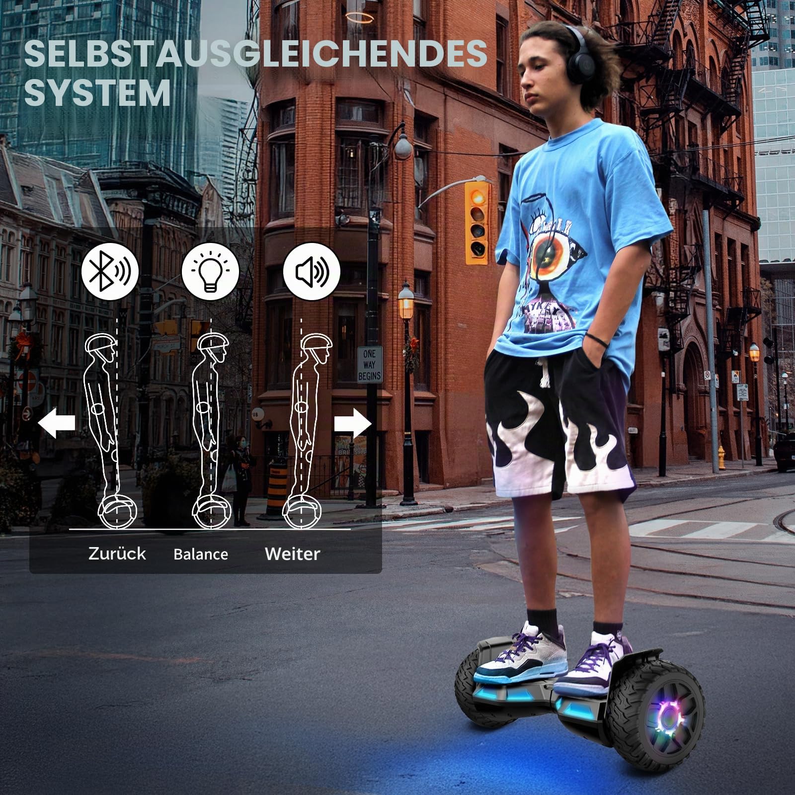 SISIGAD Hoverboard 8,5 Zoll All Terrain, EU Standard- Integriertes Bluetooth mit Leistungsstarkem Motor, Selbstausgleichendes Elektro-Skateboard, Geschenk für Jugendliche und Erwachsene