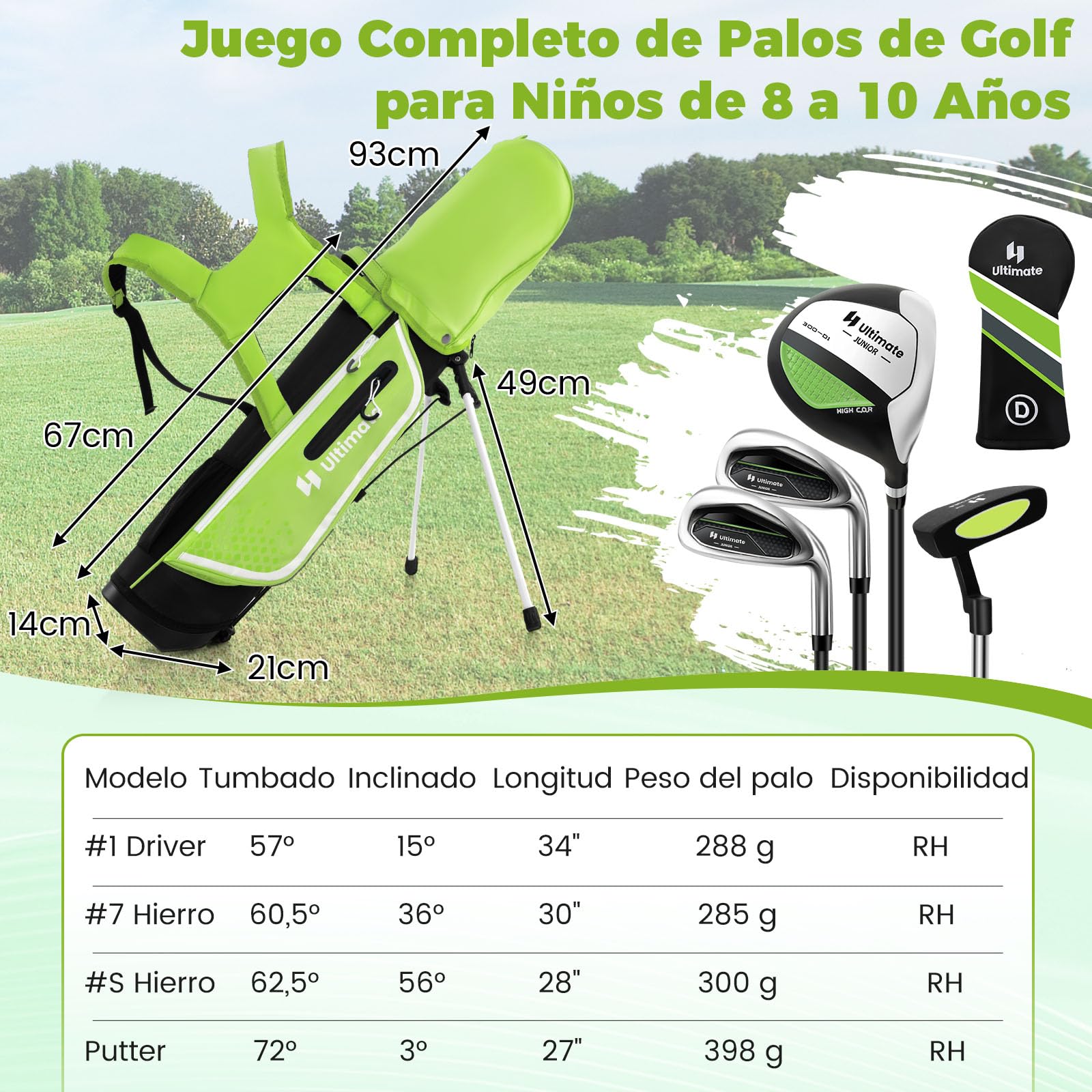GYMAX Juego Completo De Palos De Golf para Niños Diestros De 8 A 10 Años, Incluye Fairway De Madera N.° 1 con Cubierta para La Cabeza, Hierros N.° 7 Y N.° S, Putter Y Bolso con Capucha