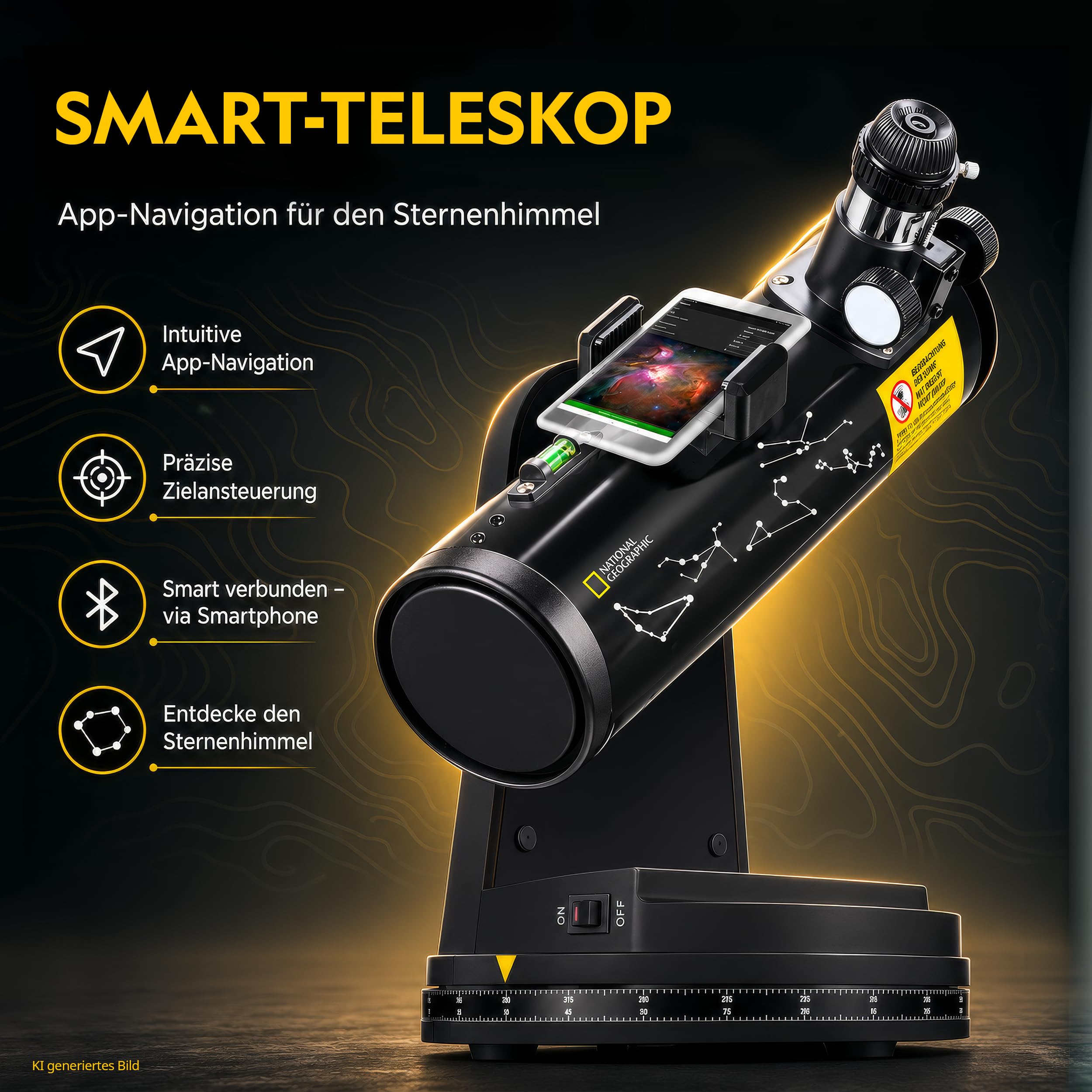 National Geographic Telescopio Inteligente 76 350 con navegación por App, Reflector Newton, Filtro Solar, Soporte Smartphone