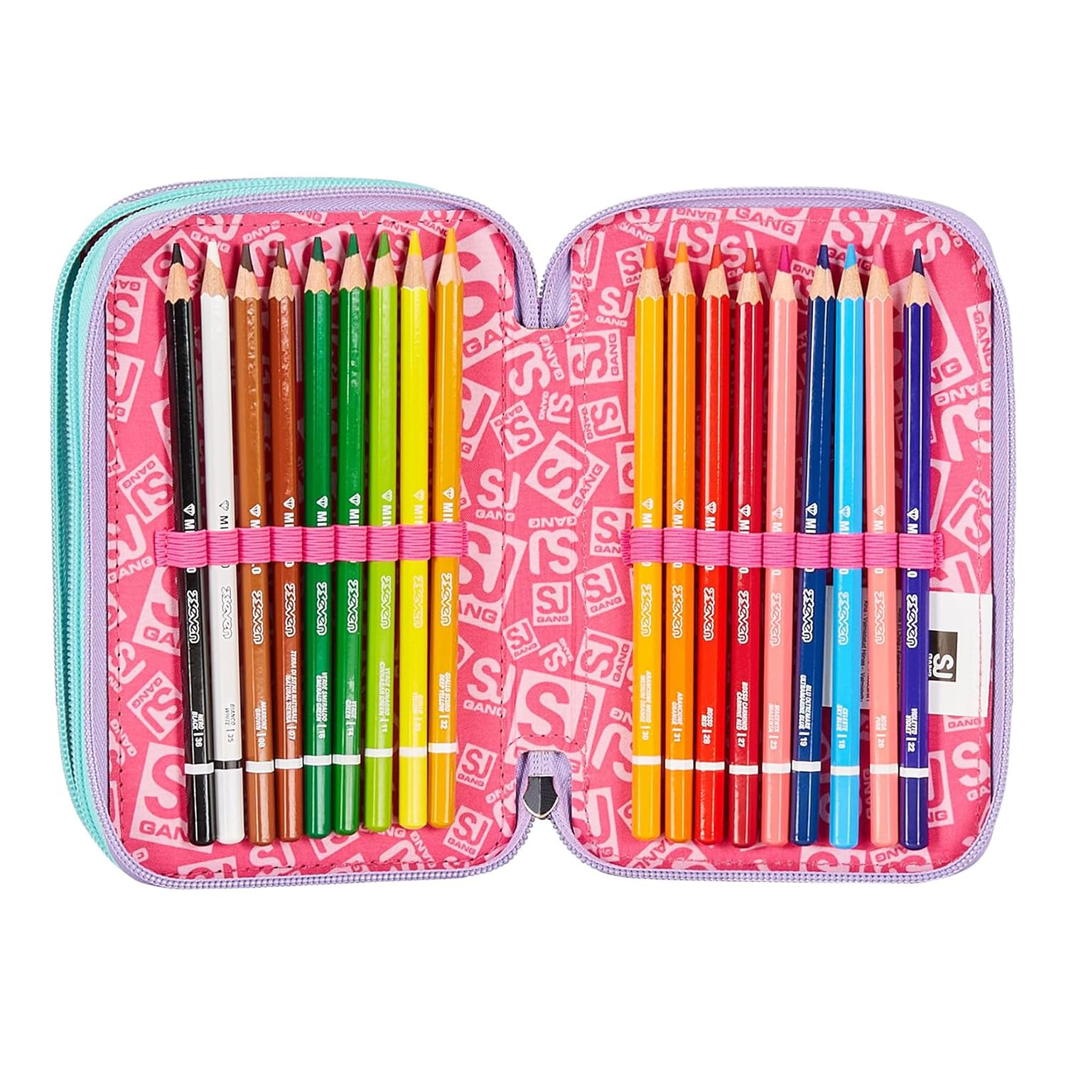SJ Gang Astuccio Scuola 3 Zip, Rosa, RhythmicSoul, Portapenne Triplo Scomparto Completo Di Penne, Matite, Colori, Accessori Zaino, Elementari, Medie, Bambina