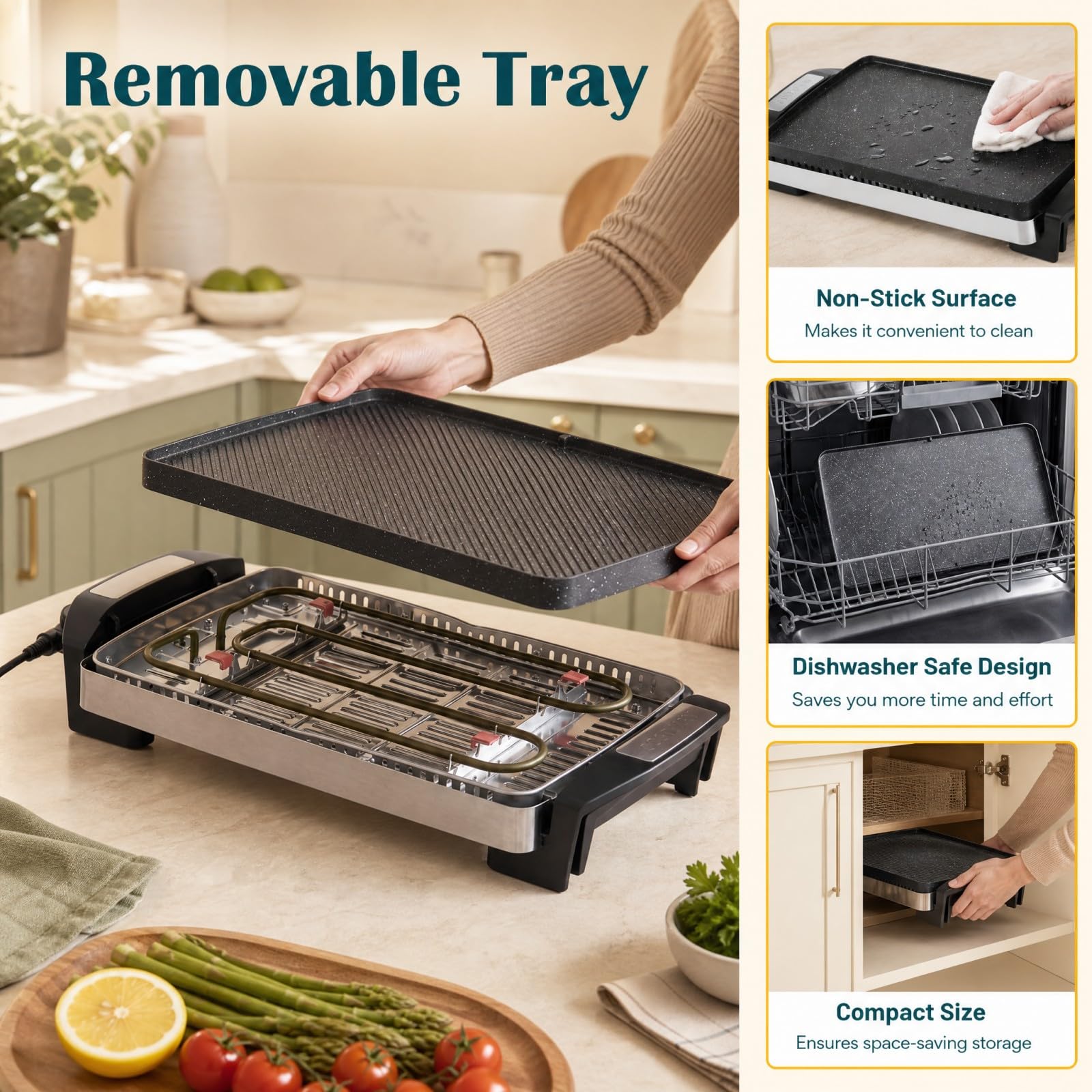 LIFEZEAL Griglia Elettrica 1500W, Barbecue da Tavolo con Piastra Bifacciale | Plancha Antiaderente per Interno e Esterno, Temperatura Regolabile a 4 Livelli, Grill Rimovibile e Lavabile in Lavastoviglie