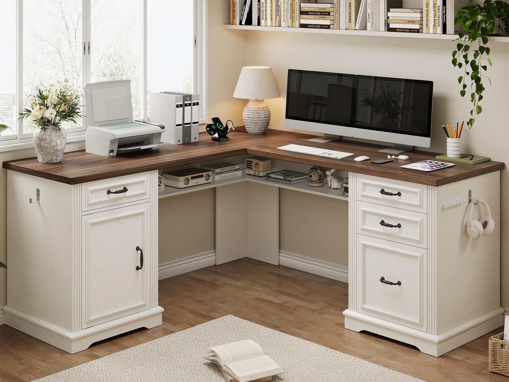 View 1 of ***BOX 1/2***Farmhouse L Shaped Executive Desk with 4 Drawers, Home Office Desk with Hidden Under-Desk Storage Shelf and Charging Station, File Cabinet Storage, Wood Corner Computer Desk for Work(White+Brown)