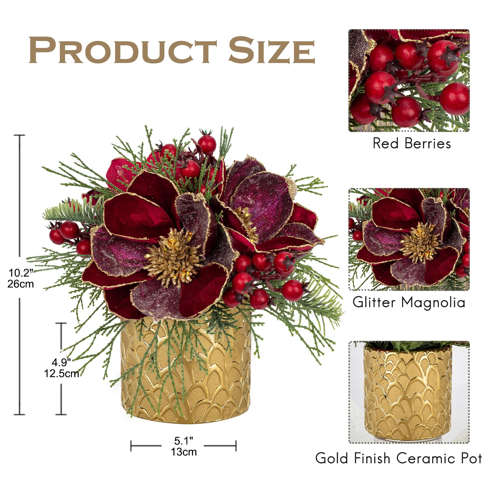 30,5 cm rote Weihnachtstischdekoration 12,7 cm glitzernde Magnolienblume und rote Beeren Tanne Grün künstliches Weihnachtsblumen-Herzstück in goldenem Keramiktopf Tischplatte Weihnachten