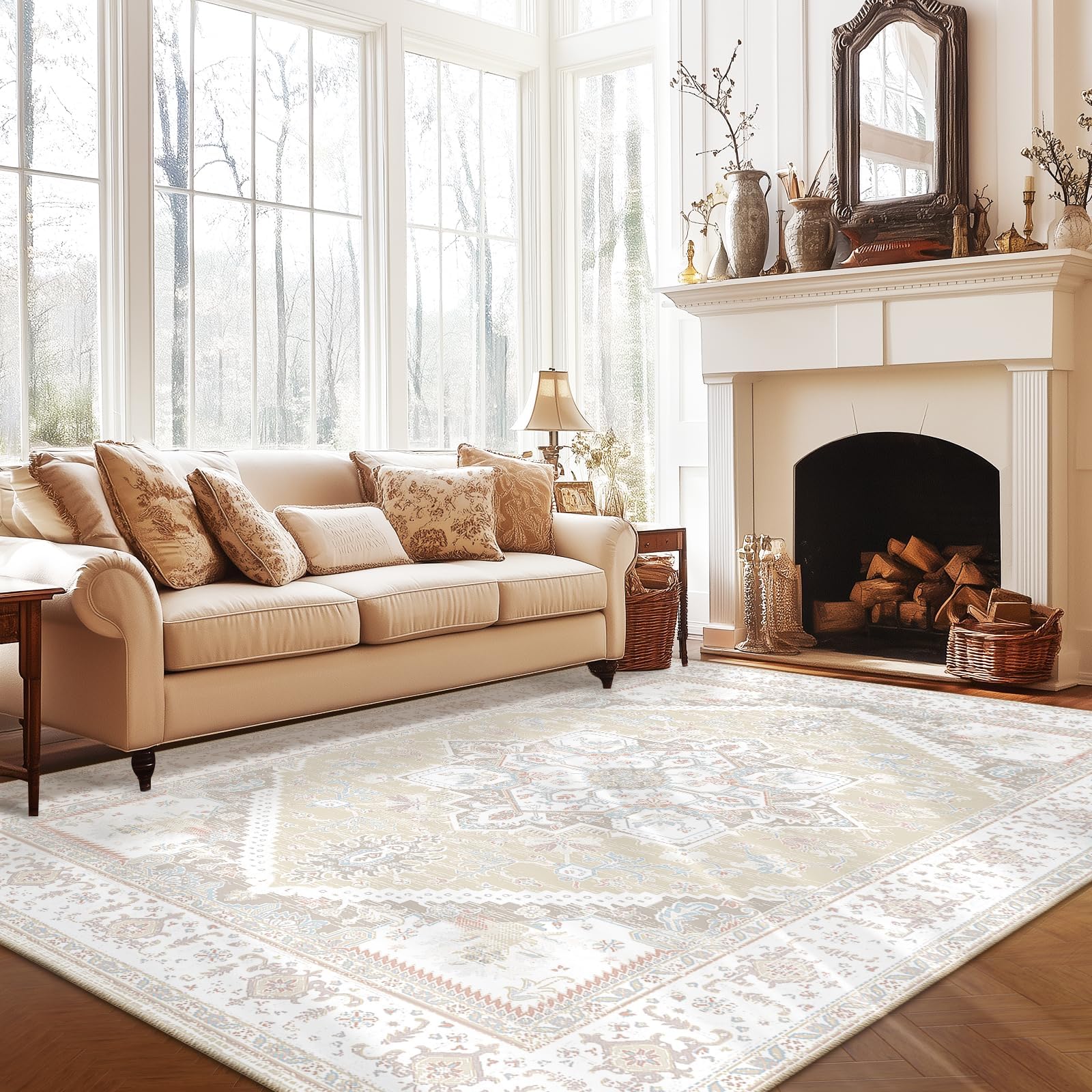 BESTSWEETIE 6x9 Area Rugs for Living Room Washable Non Slip Carpet Low Pile Soft Vintage Print Pattern Rug for Bedroom Dining Room Kitchen Entryway Indoor-Cream/Light Yellow/Brown/Blue/Red/Pink