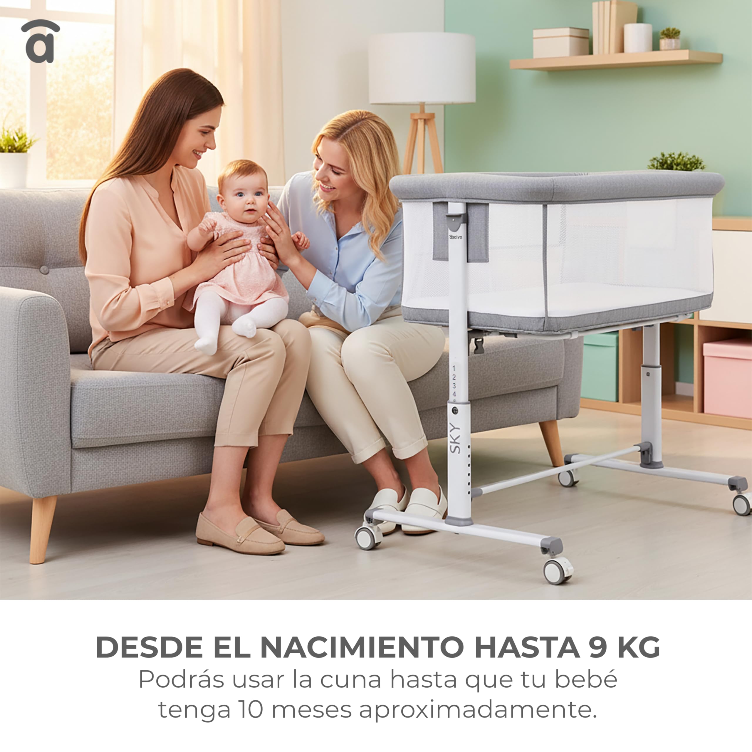 Minicuna de colecho lateral abatible | 6 alturas regulables, colchón incluido, malla transpirable 360º | Certificada EN 1130 y EN 16890 | Sky Gris Asalvo