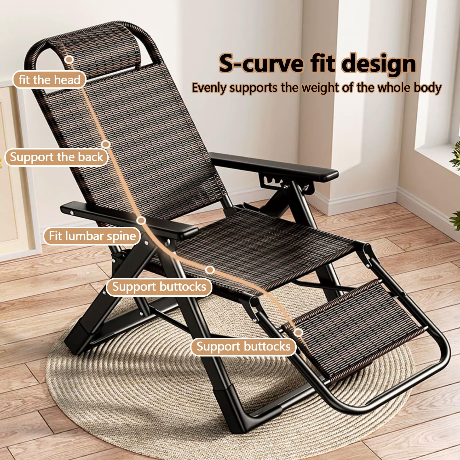 Ratán Silla Gravedad Cero Tumbona De Relax,Tumbona Playa Plegable Ligera,tumbonas Jardin Exterior,Portátil Tumbonas con Reposabrazos, Respaldo Ajustable,Respirable,Ahorra Espacio.