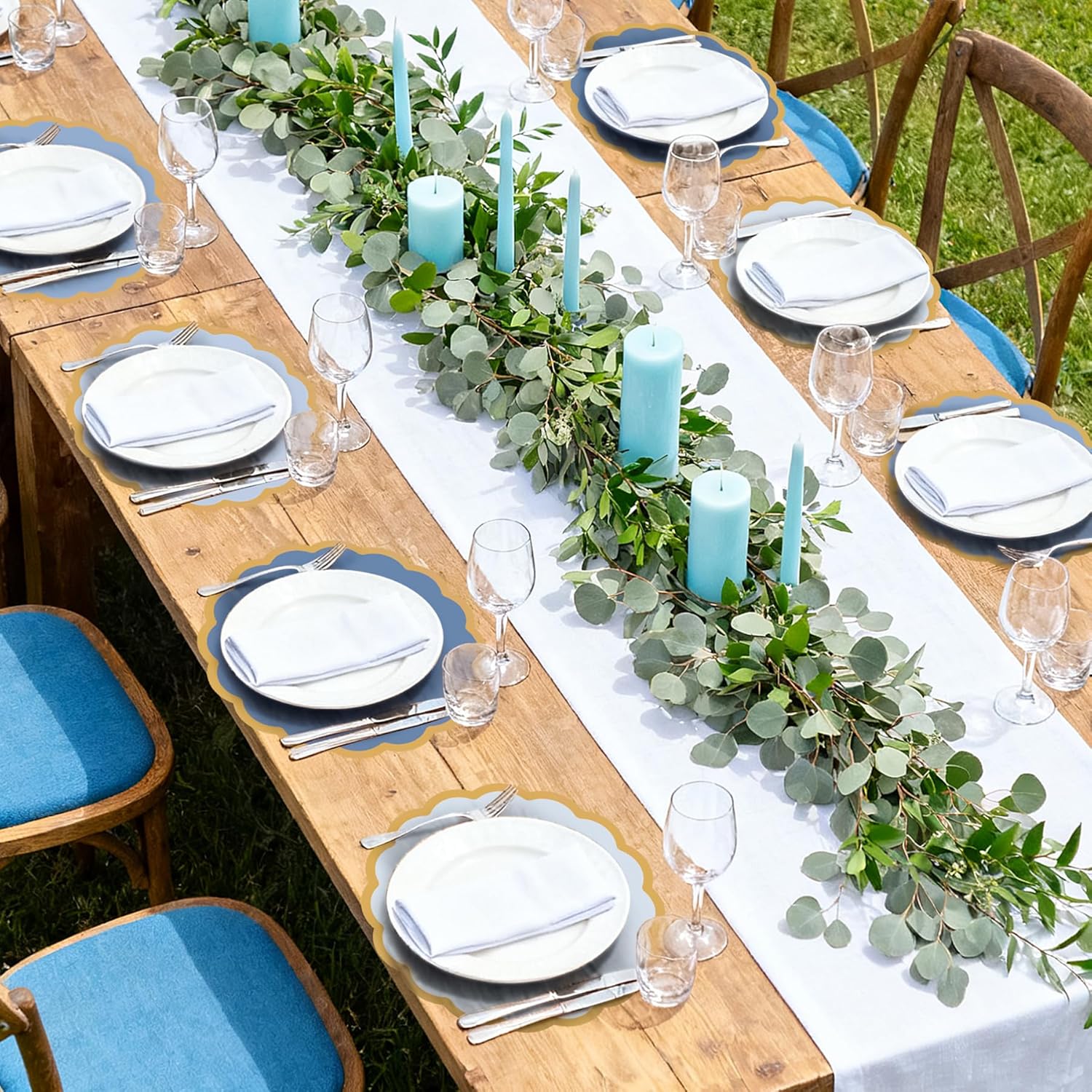 100 Pcs Dusty Blue Paper Placemats 13.5 Inch Disposable Scalloped Colorful Pastel Round Table Place Mats with Gold Edges, Decorative Colors Mats for Birthday Wedding Baby Shower Banquet Tea Party