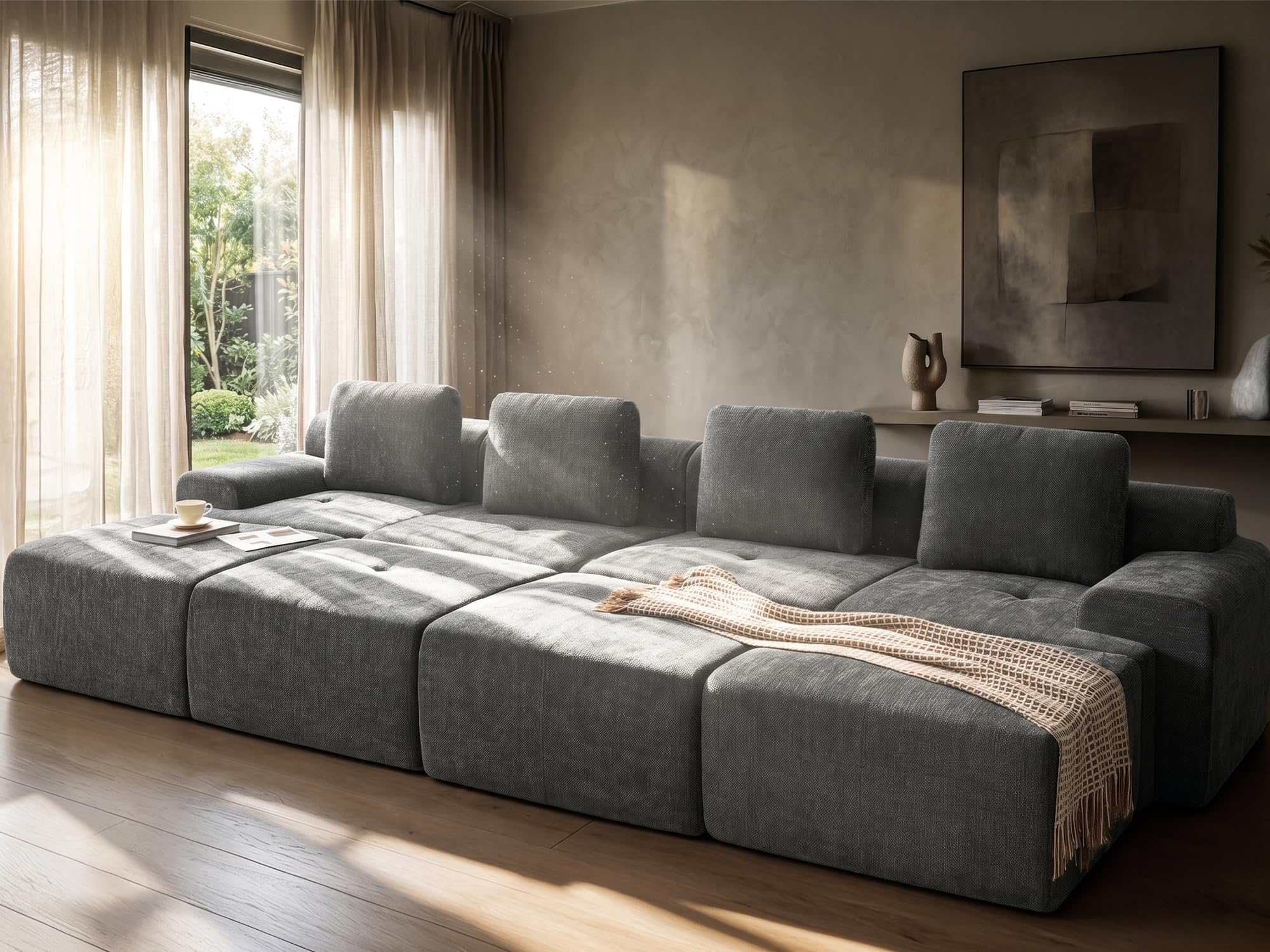 159" Oversized Boneless Couch, Comfort Cloud Sectional Couches for Living Room, Modular Sofa High Back &amp; Extra Deep Seat, No Assembly, Soft Chenille Fabric (Dark Grey, 159 inch-（4+4）)