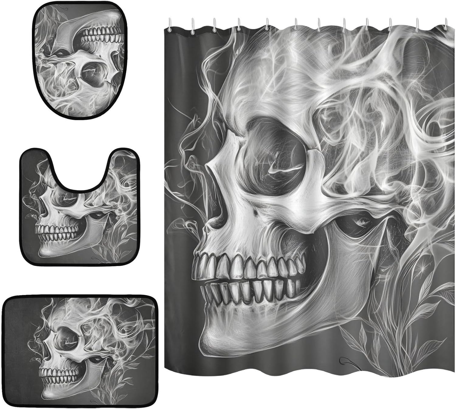 4Pcs Abstract Skull Black Curtain Sets with Rugs Bathroom Sets with Shower Curtain and Rugs, Fashion Bathroom Decor Accessories with Mats Toilet Lid Cover