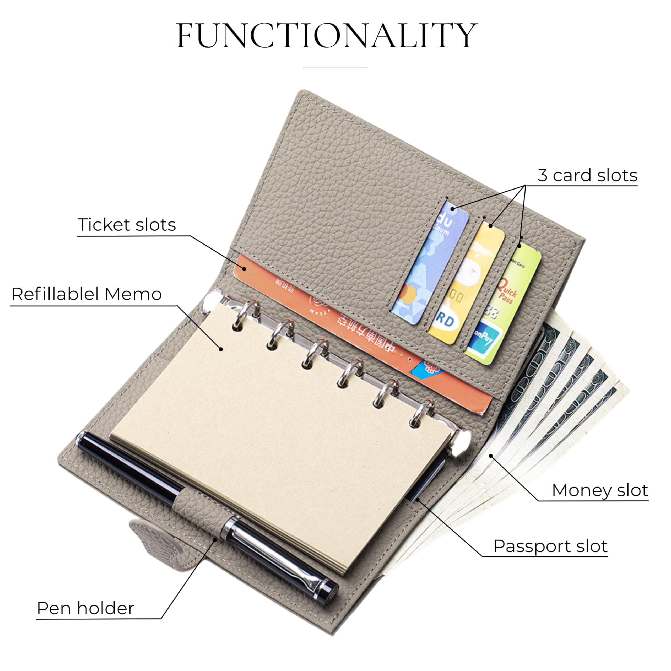 Leder-Tagebuchhülle für A7-Planer, kleines Notizbuch-Cover mit Gesäßtasche, Stiftschlaufe, Kartenfächern und 6-Ring-Nachfüllpapier (12 x 8,2 cm), Reisepasshülle für Reisen