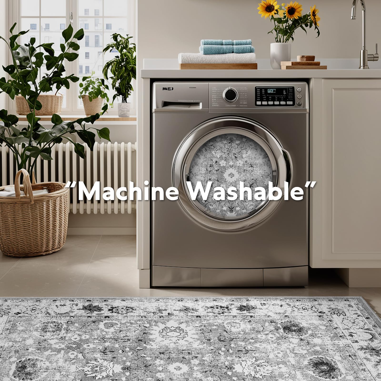 IKALIFE Tappeto Salotto Lavabile Lavatrice - Tappeto Soggiorno Vintage Tappeto Pelo Corto Tappeto Grande Tappeto Camera da Letto, Morbido Antiscivolo per Sala, Pranzo 160x230 cm Grigio