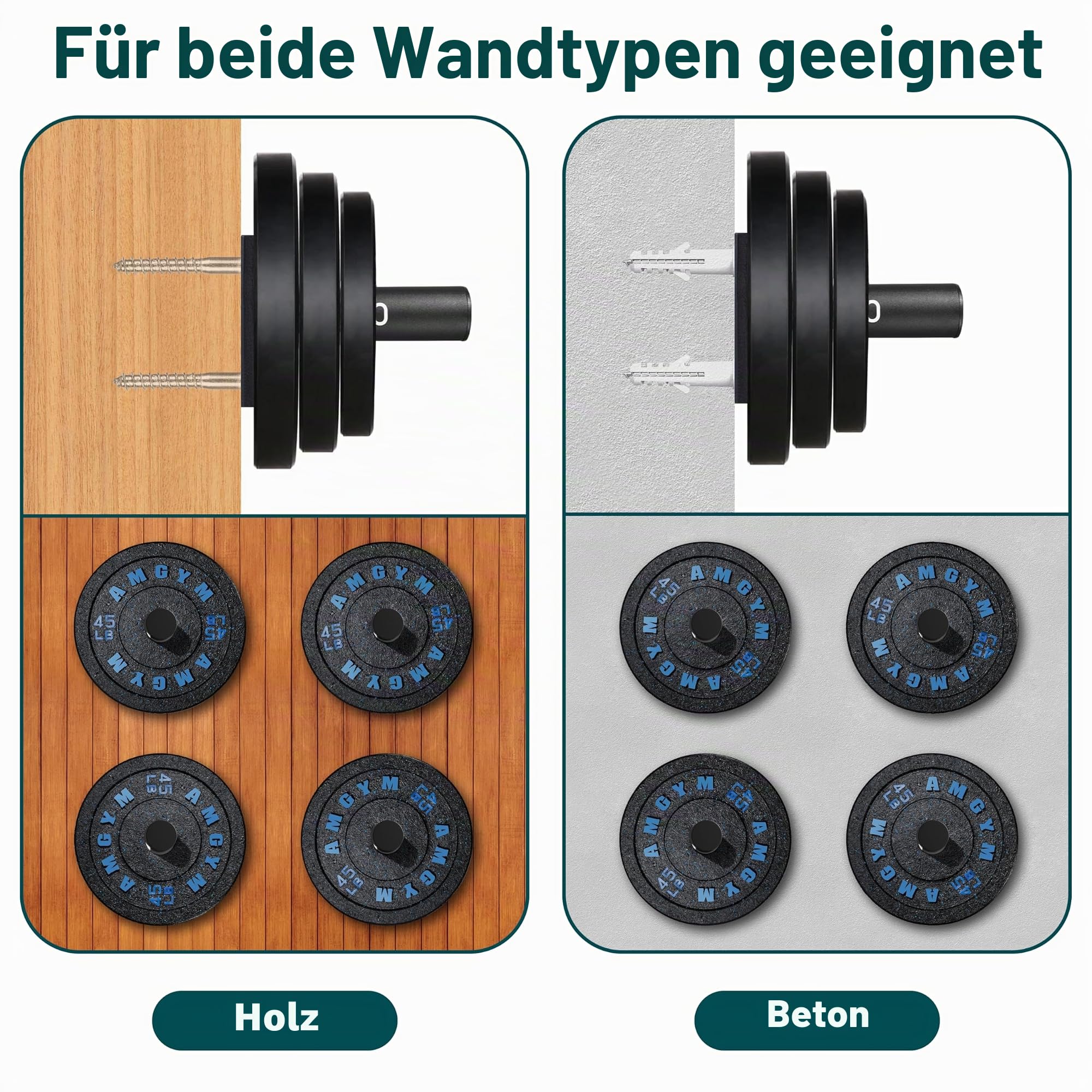 Hantelscheibenhalter, Wandmontage, zur Aufbewahrung von 5,1 cm olympischen Hantelscheiben, 4 Stück
