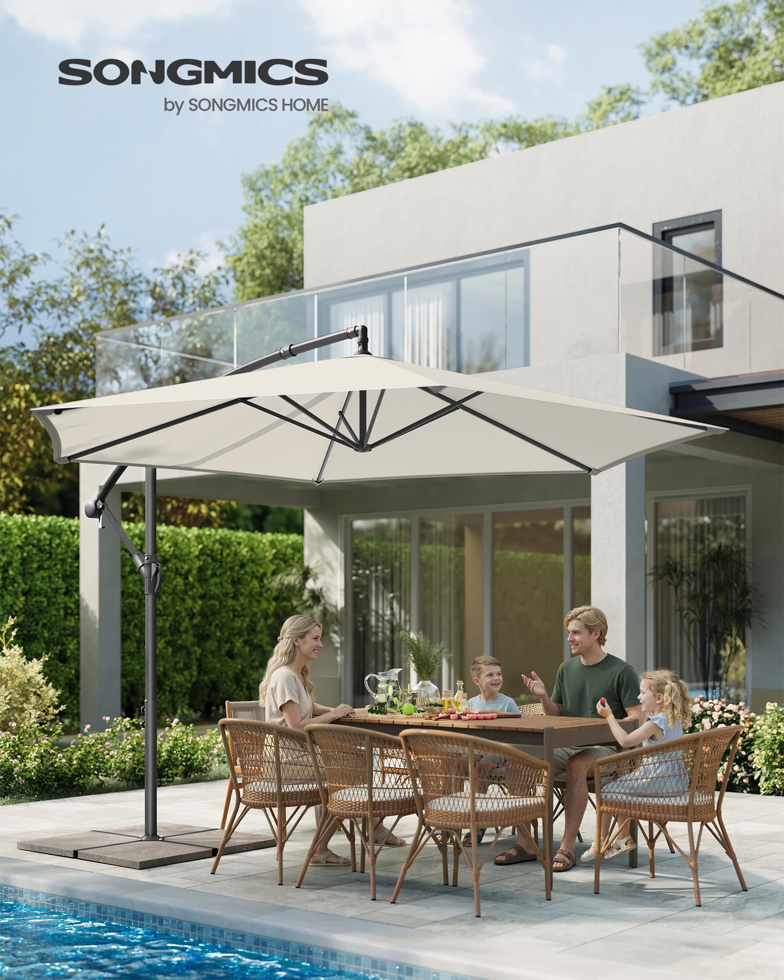 SONGMICS Parasol Déporté, Socle en Croix, Ombrelle, Protection UPF 50+, Manivelle d'Ouverture et de Fermeture, Jardin, Terrasse, Piscine, Plage