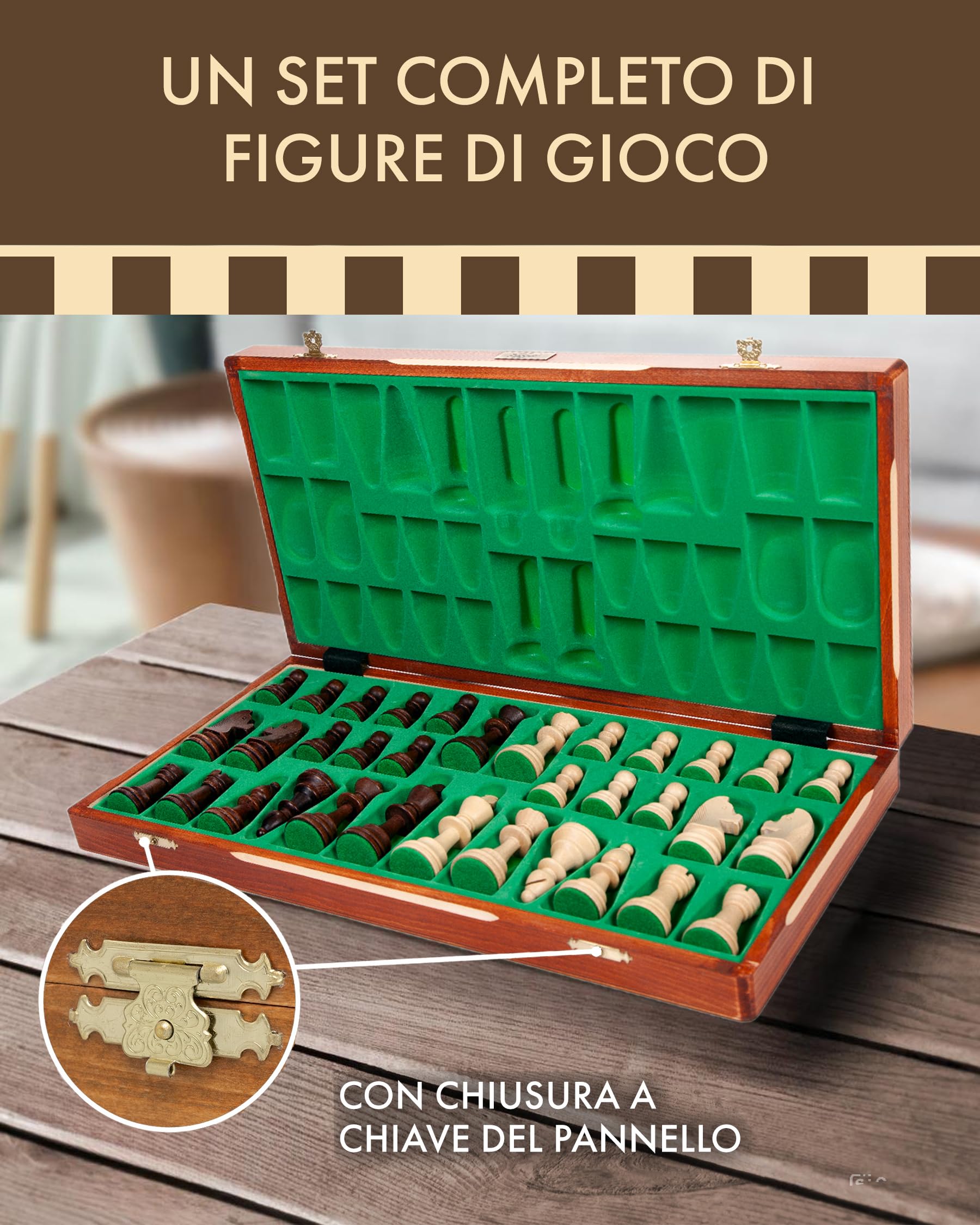 Set di scacchi 53 x 53 cm - Scacchiera di legno - Set da scacchi pieghevole - Lavorazione artigianale
