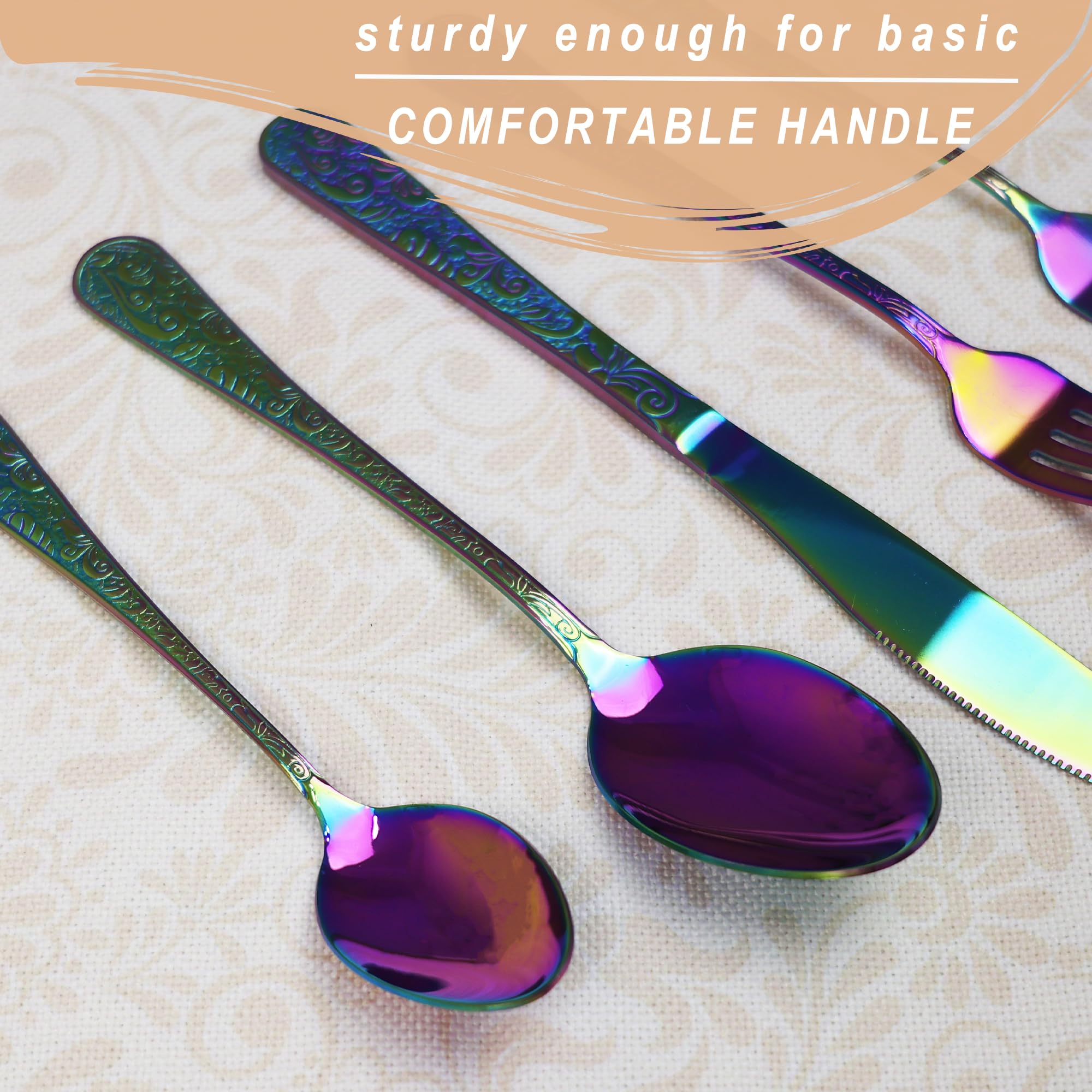 Runfly Vintage Carved Rainbow Stainless Steel 20 Pieces Flatware Set, Colorful Silverware Set, Modern Embossed Cutlery Set Utensils Including Fork Spoon and Knife
