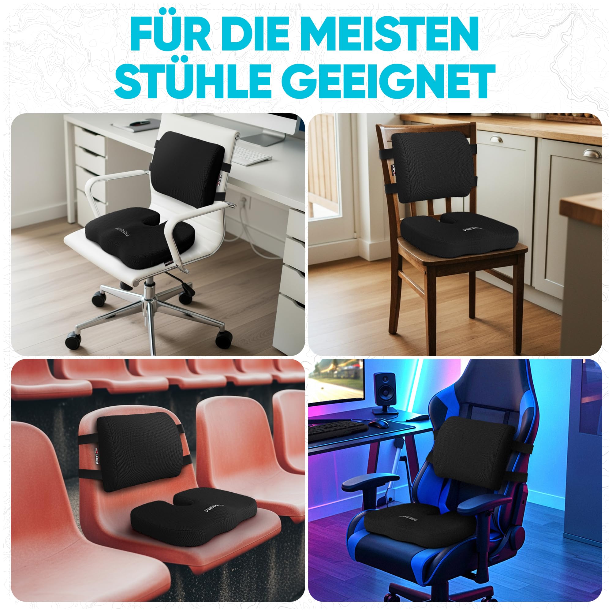 FORTEM Sitzkissen und Lendenkissen für Bürostuhl, Sitzpolster, Memory-Schaum Rückenkissen, Lordosenstütze Auto, Rutschfestes Sitz- und Rückenpolster für Gaming, Autositzkissen, Stuhlauflage