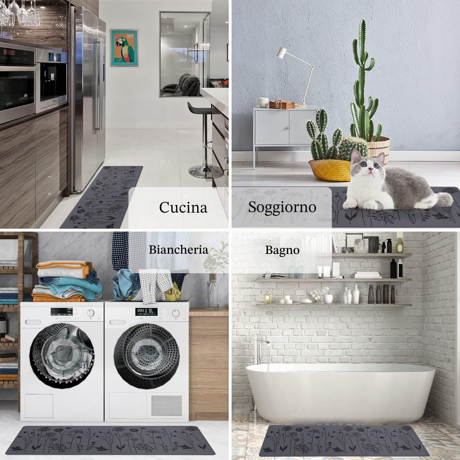 RLAVBL Tappeto in PVC,Tappeto in Grigio Nera con Motivo Floreale, Set di 2, Ottimo per Bagno, Cucina, Soggiorno, Ingresso