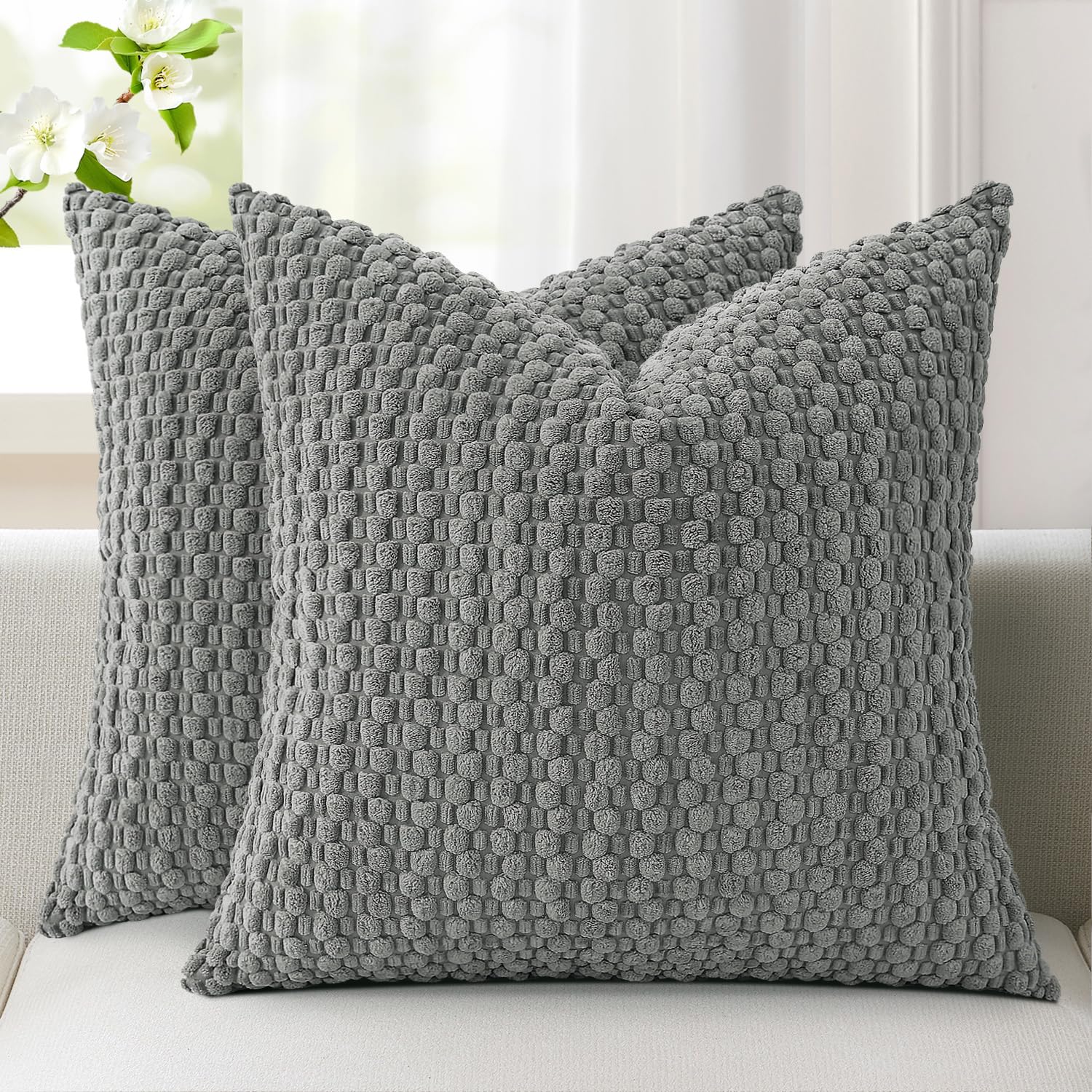 Kevin Textile Soft Corduroy Cushion Covers 45 x 45 cm Set of 2, Soft Granule Decorative Square Cushions Covers 18x18 Inch with Invisible Zipper for Chair Couch Sofa Bedroom, Grey — image 1