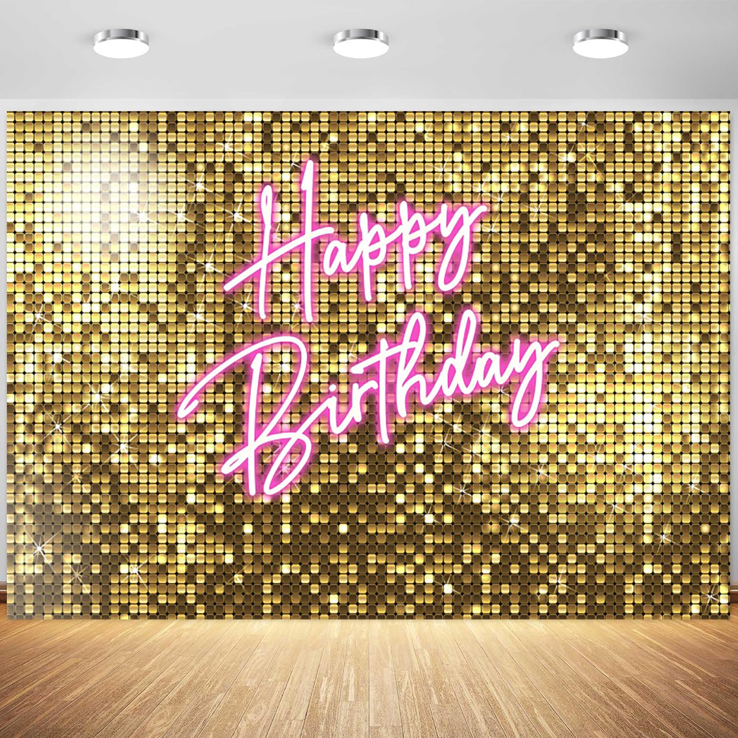 7x5ft Happy Birthday Backdrop Gold Shining Shimmer Wall Pink Neon Happy Birthday Photography Background Girls Women Birthday Party Banner Decorations