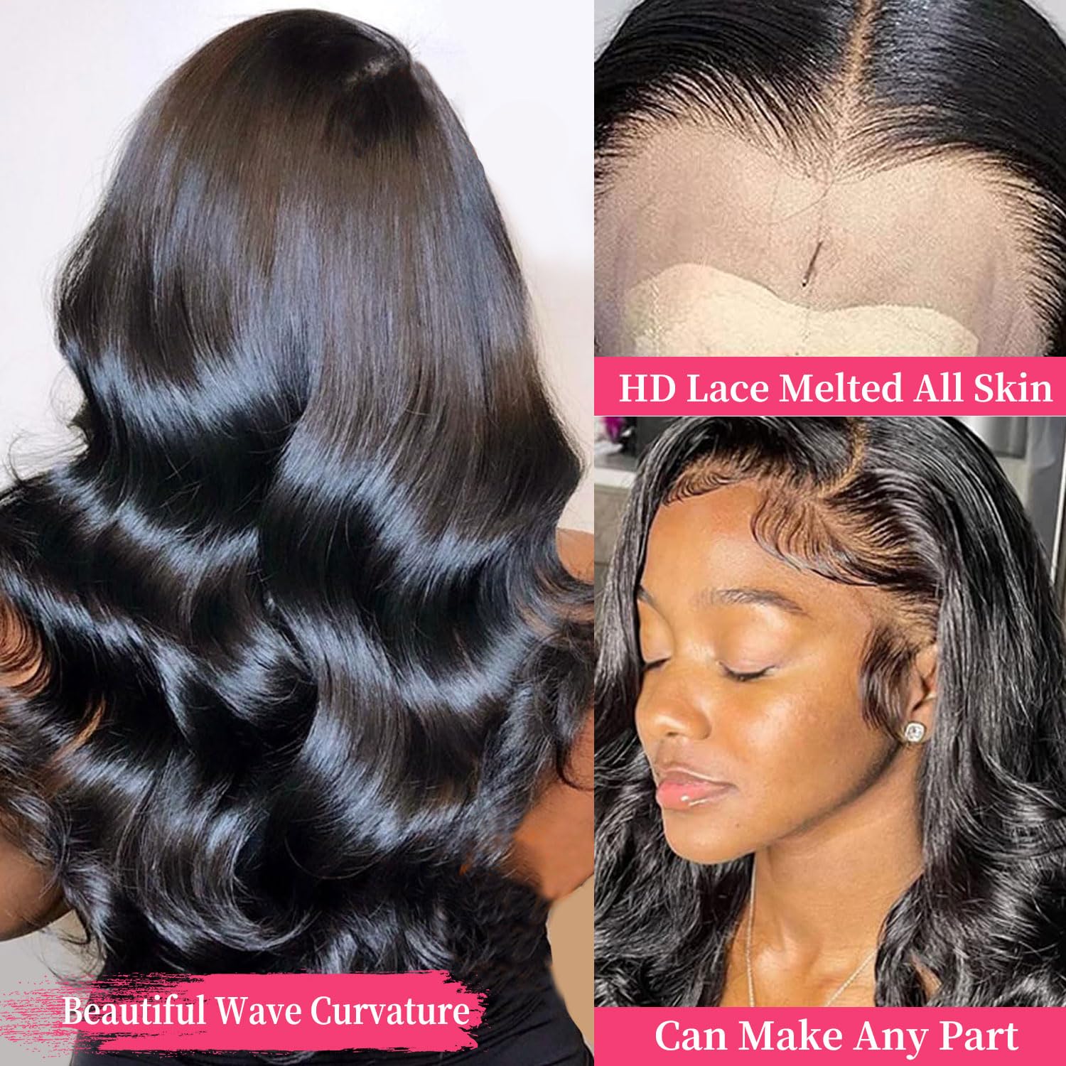 Wepwcod 13X4 Lace Front Wigs Human Hair Body Wave Human Hair Wig HD Lace Frontal Glueless Wigs Human Hair Pre Plucked Bleached Knots with Baby Hair Natural Black (Natural Color Body Wig - Image 3