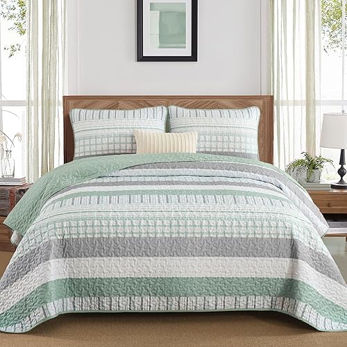 DJY Striped Quilt Set King Size, Sage Green Boho Bedspread Set 3 Pieces Patchwork Coverlet Bedding Set Lightweight Soft Microfiber for All Season (104"x90")