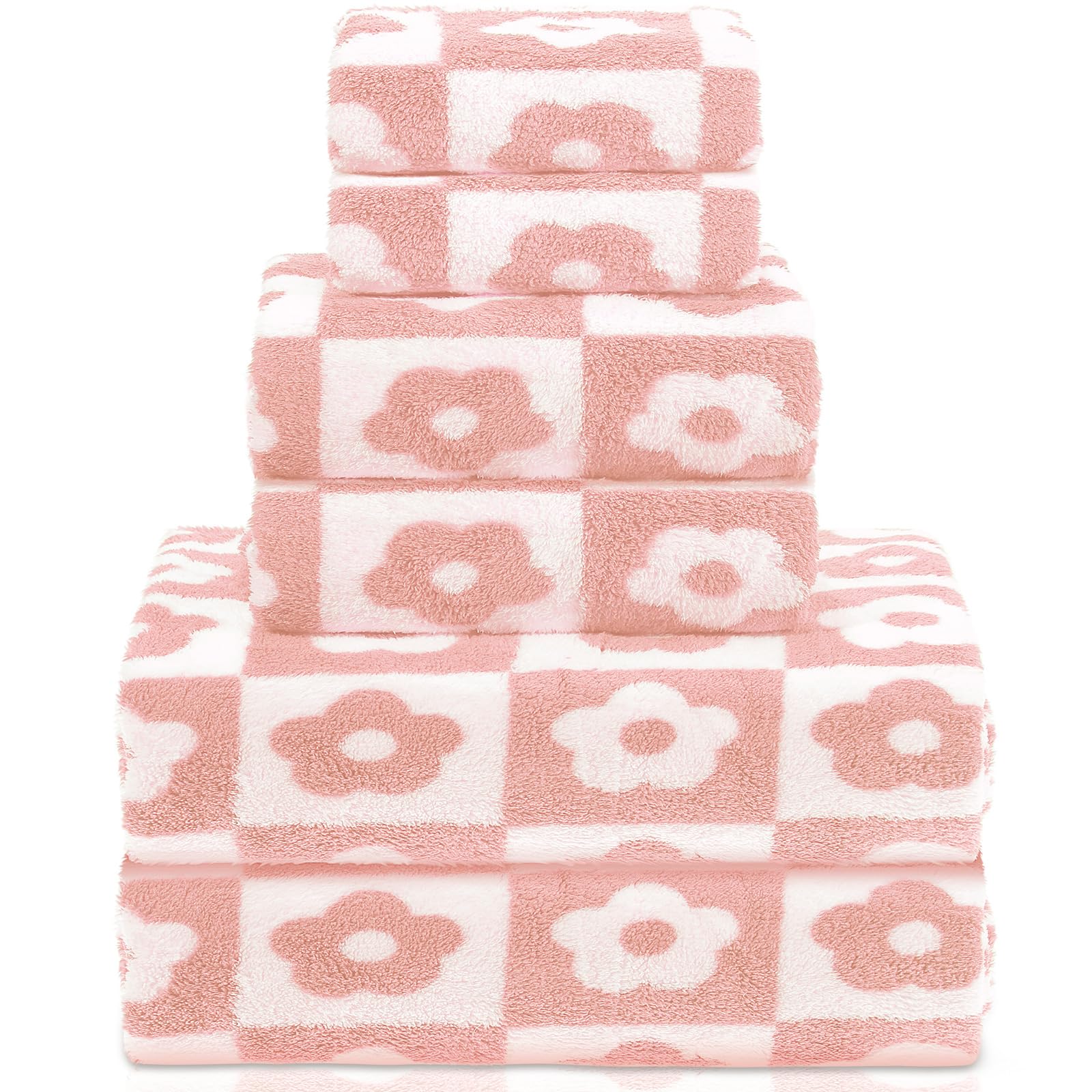 Kinlop 6 Pcs Checkered Bath Towels Set Coral Washcloth Soft Fleece Quick Dry Patterned Hand Towel for Bathroom Back to School Gym Spa Beach Accessories(Pink,Flower)