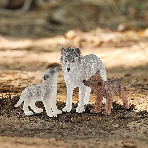 Miniatura 7 de Schleich Wild Life - Juego de 3 figuras de cachorros de madre lobo y bebé, juego de juguetes auténticos y altamente detallados, duradero para la