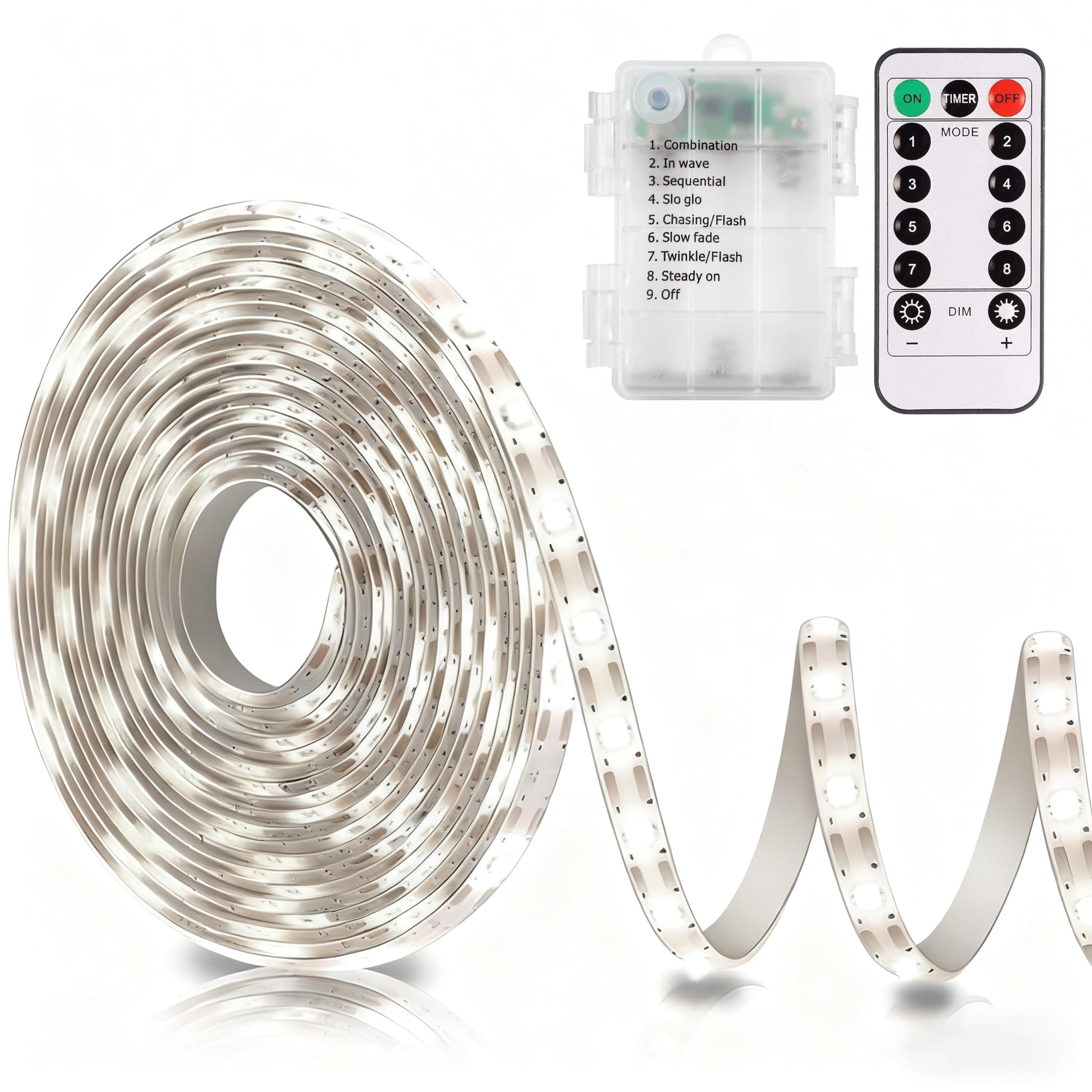 echosari Battery Operated Led Strip Lights White with Remote, 8 Modes, Dimmable, Timer, Self-Adhesive, Cuttable, for PC TV Kitchen Cabinet Shelves Bedroom Decor (3m 90LED)