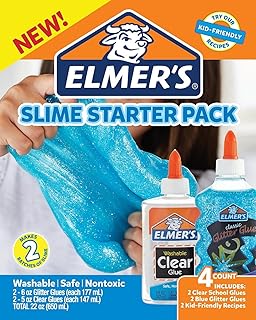 Elmer's Slime Starter Kit, Clear School Glue Clear + Blue Glitter, 4 Count
