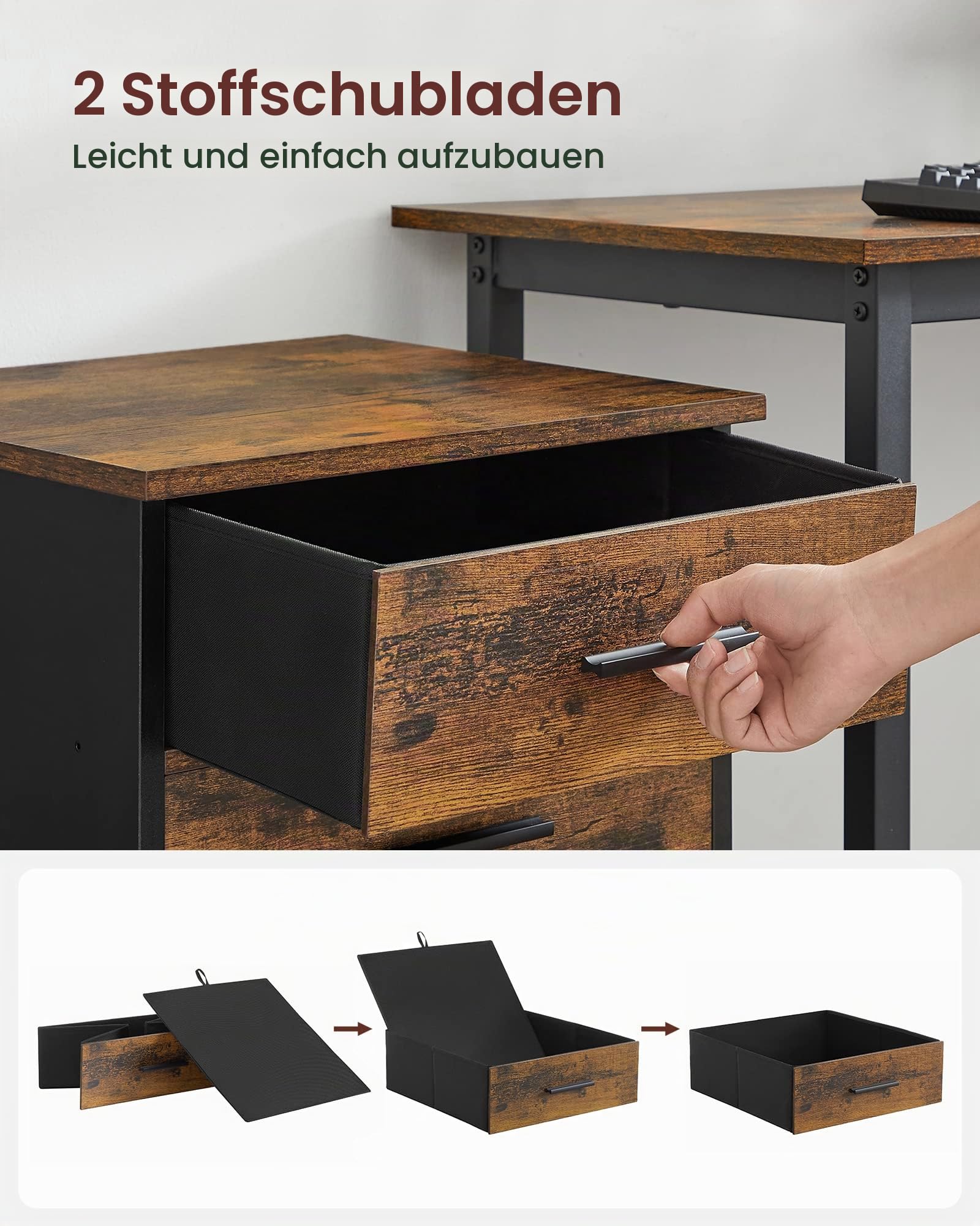 VASAGLE Rollcontainer, Aktenschrank mit 3 Schubladen, mit Rollen | Büroschrank, 2 davon aus Stoff, 1 Schublade aus Spanplatte, vintagebraun-schwarz, CUSTOS Kollektion OFC046KD01