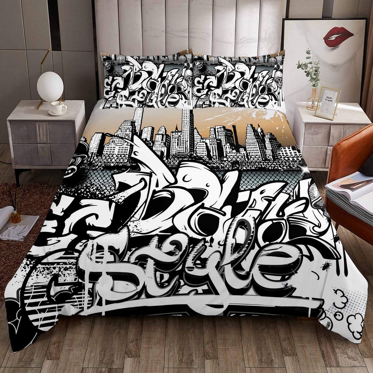 Hippie Graffiti Style Comforter Cover Hip Hop Decor Bedding Set for Boys Girls Children Street Culture Duvet Cover Modern Graphic Wall Urban Art Bedspread Cover Room Decor Double Size Quilt Cover 3PcsOEKO-TEX STANDARD 100