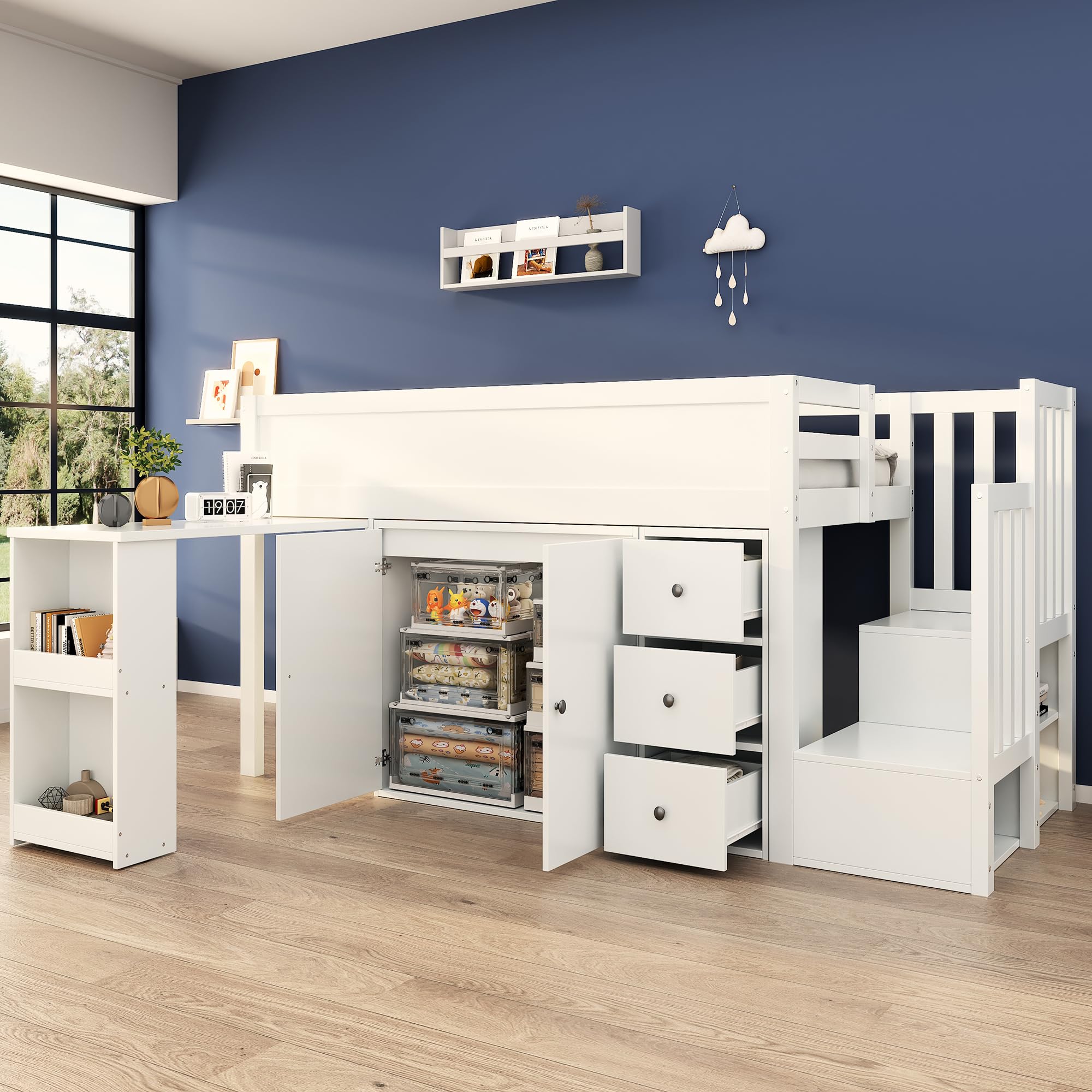 Soweiz Cuna, cama alta para niños con escritorio extensible y compartimento lateral de almacenamiento, con armario, con cajón, con escalera y armario para escaleras, sin colchón, color blanco 90 x 200