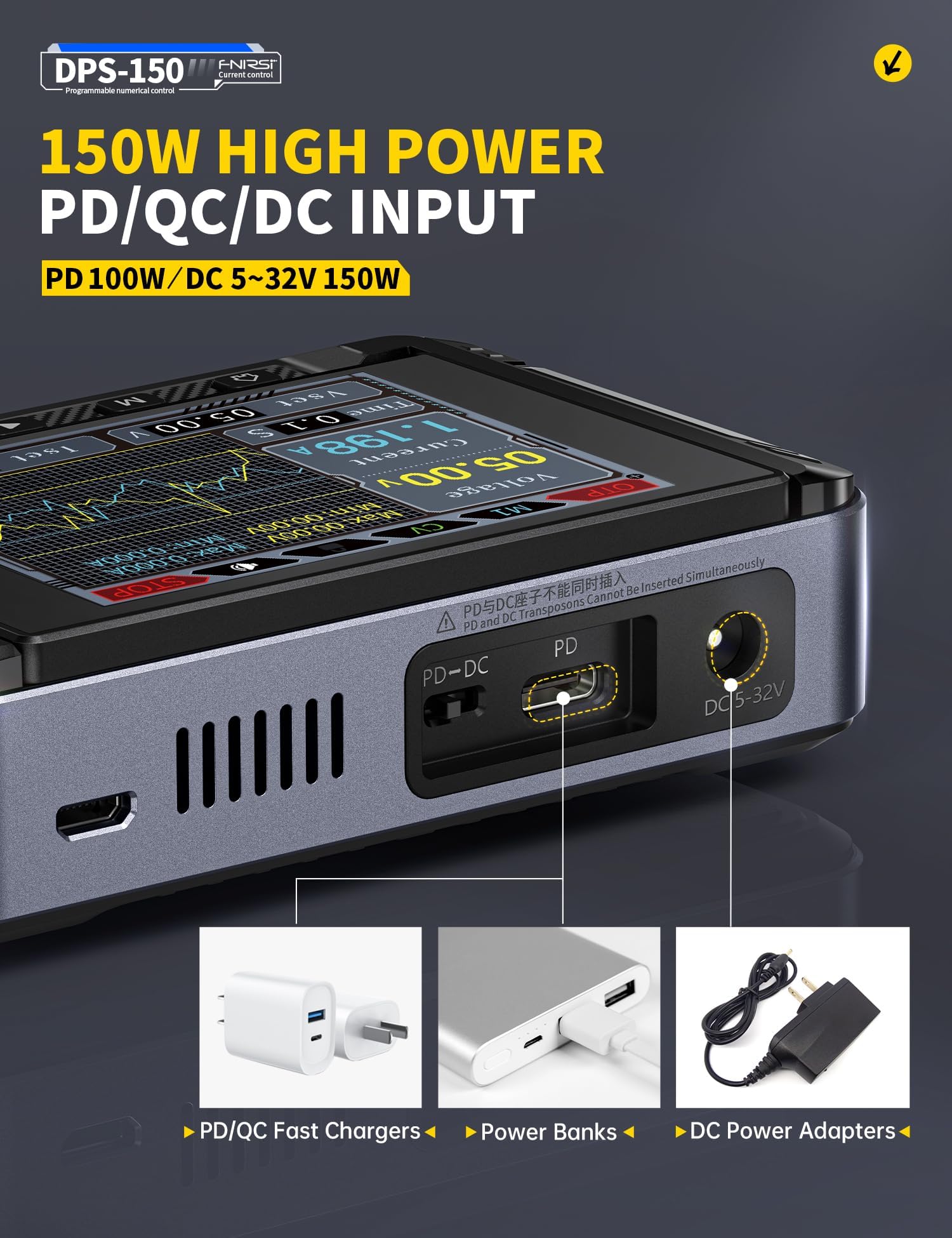 Fuente de Alimentacion Regulable,DPS-150 30V 5A CNC DC Adjustable Power Supply con 4 Dígitos IPS Display, Power Ripple <20mV PD/QC/DC Input PC programable Switching Power Supply