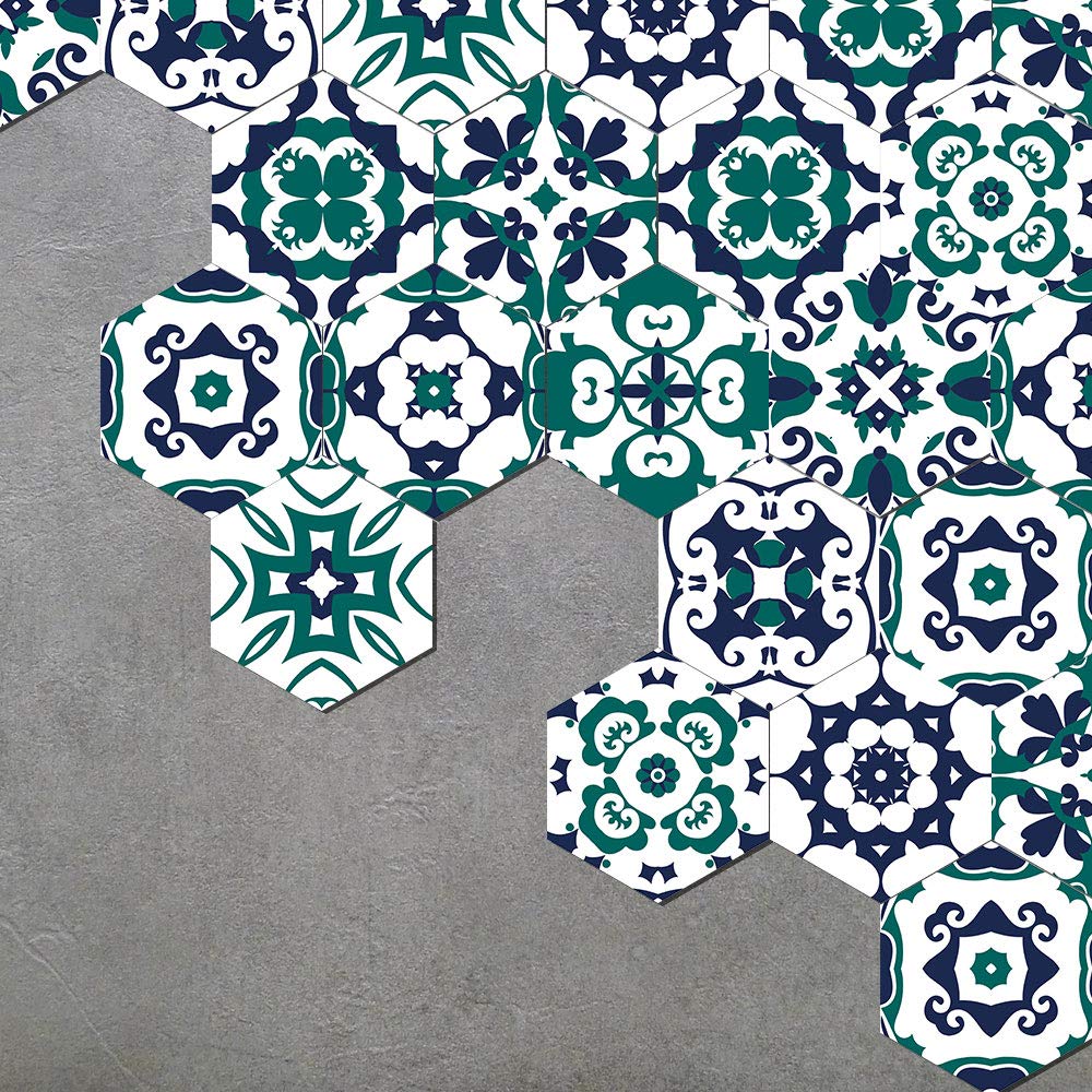 Alwayspon Vinyl Tiles Floor Sticker, Anti-Slip Waterproof Hexagon Kitchen Bathroom Balcony Floor Tiles Decals, Peel and Stick Self-Adhesive Wall Sticker, 7.87x9.05 x 30Pcs Set, Blue Marble Effect