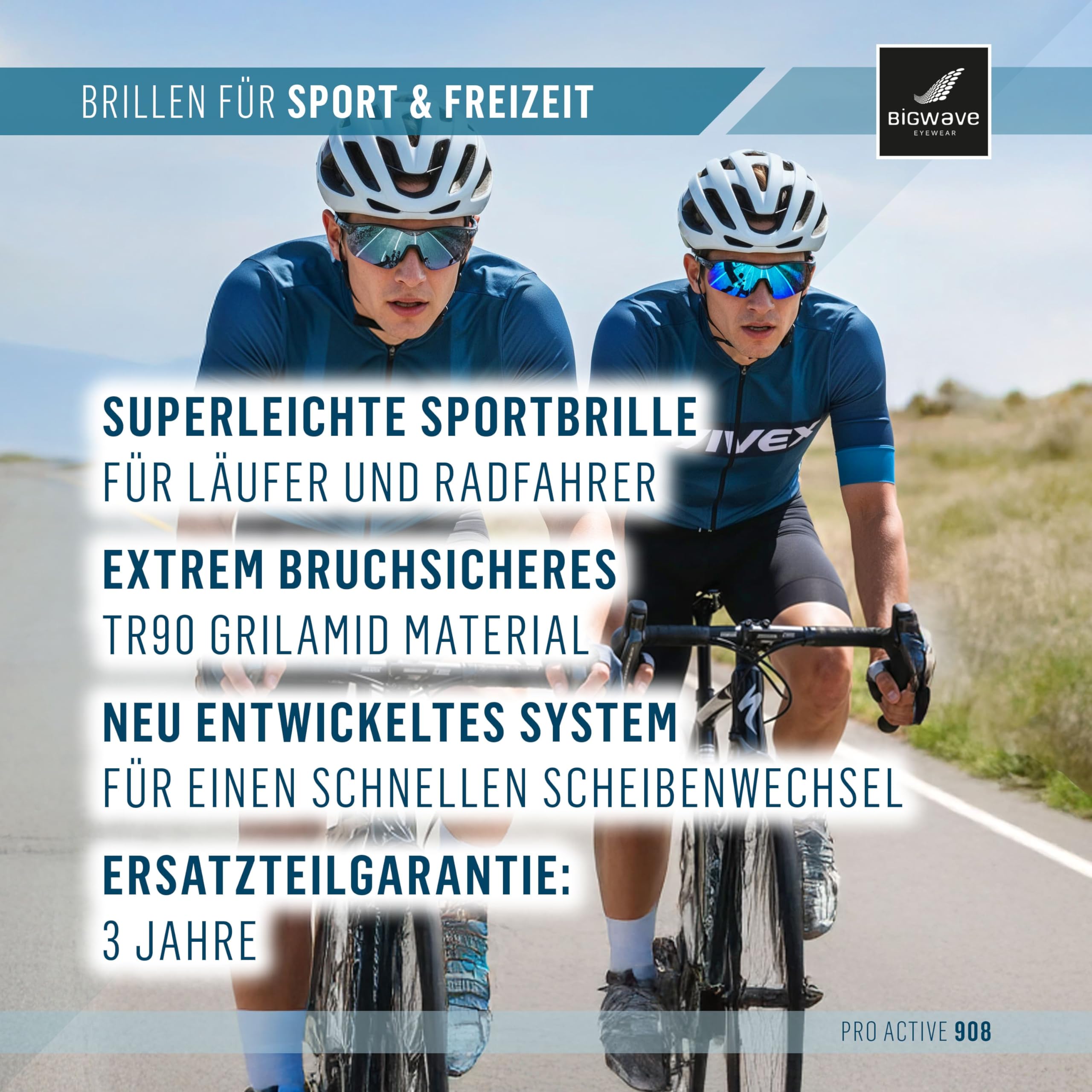 BIGWAVE Pro Active 908 Sportbrille – Fahrradbrille & Laufbrille mit bruchsicherem TR90 Grilamid Rahmen, UV400, Anti-Beschlag, 2 mm Sicherheitslinsen, Scheibenwechsel-System, 3 Jahre Ersatzteilgarantie