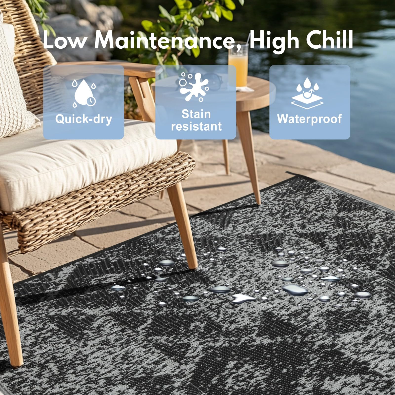 Tapis d'extérieur imperméable de 2,7 x 3,7 m – Tapis réversible en Paille en Plastique, Facile à Nettoyer, Tapis Portable pour Patio, Camping-Car, terrasse, Balcon, Jardin, Pique-Nique, Plage