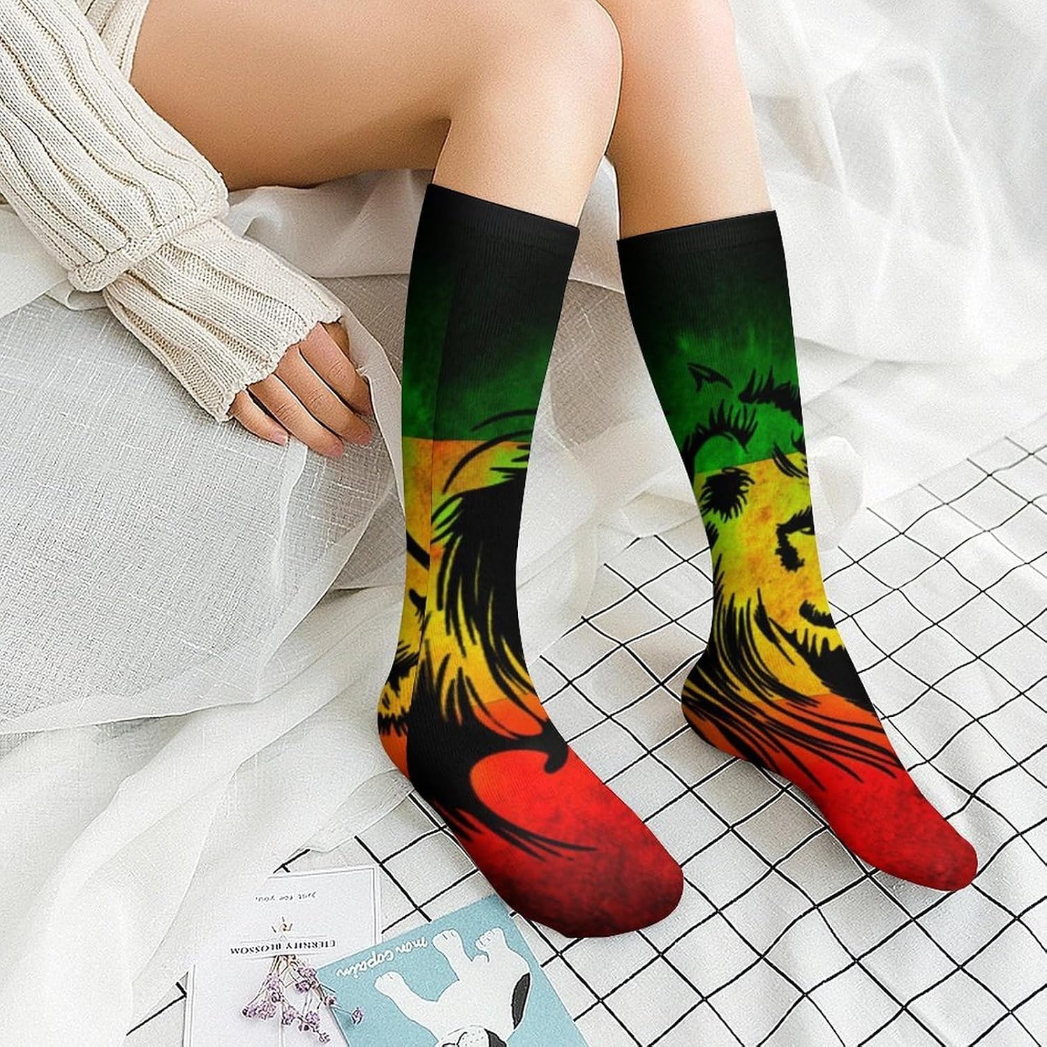 Lion Reggae Jamaica Knee High Socks Casual Long Stockings Over Calf Sock Tube for Women Men