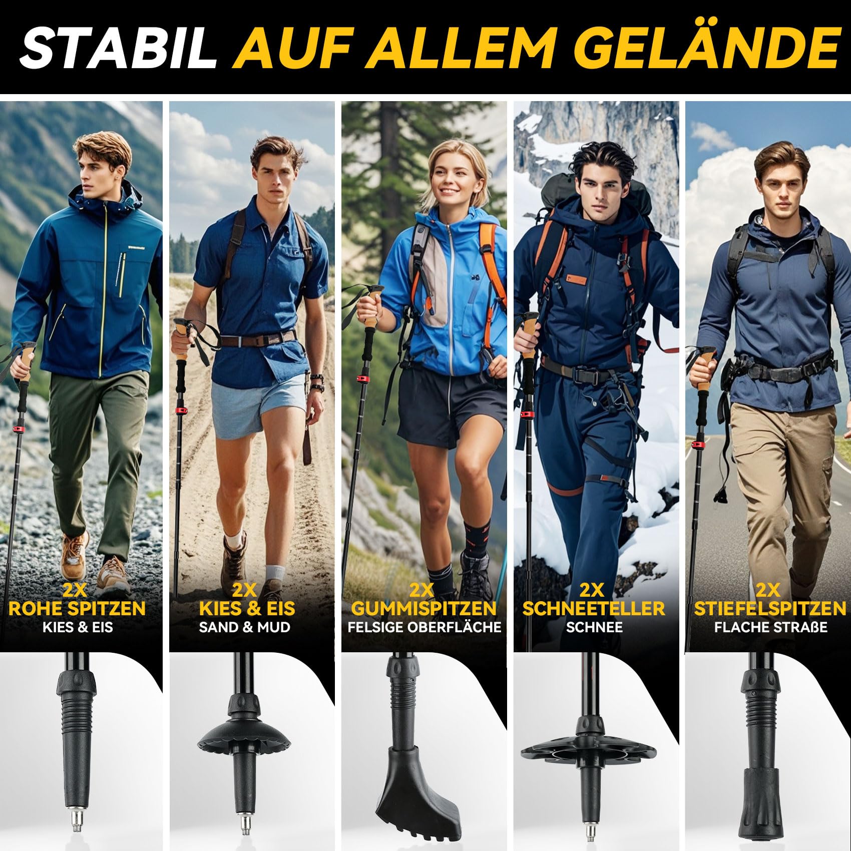 Faltbare Carbon Trekkingstöcke 2 Stück, Leichte Wanderstöcke, Jeder 237 g | Nordic Walking Stöcke,Verstellbare Handschlaufe,Anti-Schock, Ergonomische Griffe,4 Zubehör, für Damen Herren Rucksackreisen